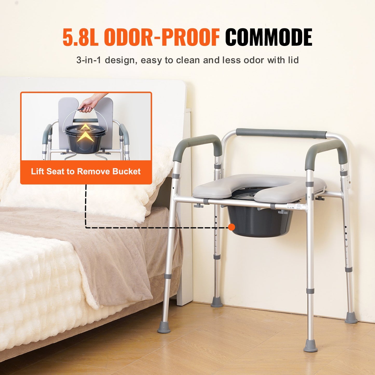 Commode Chair, Bedside Commode with Padded Seat and Arms, 7-Level Adjustable Height, 5.8L Removable Bucket, Easy to Assemble, 350 LBS Capacity, Raised Toilet Seat for Adults Seniors - Image 6