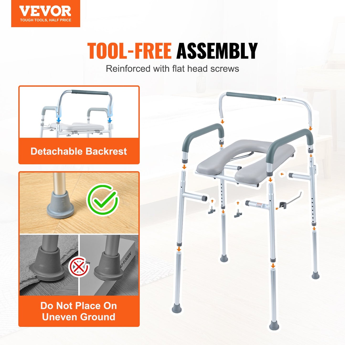 Commode Chair, Bedside Commode with Padded Seat and Arms, 7-Level Adjustable Height, 5.8L Removable Bucket, Easy to Assemble, 350 LBS Capacity, Raised Toilet Seat for Adults Seniors - Image 7
