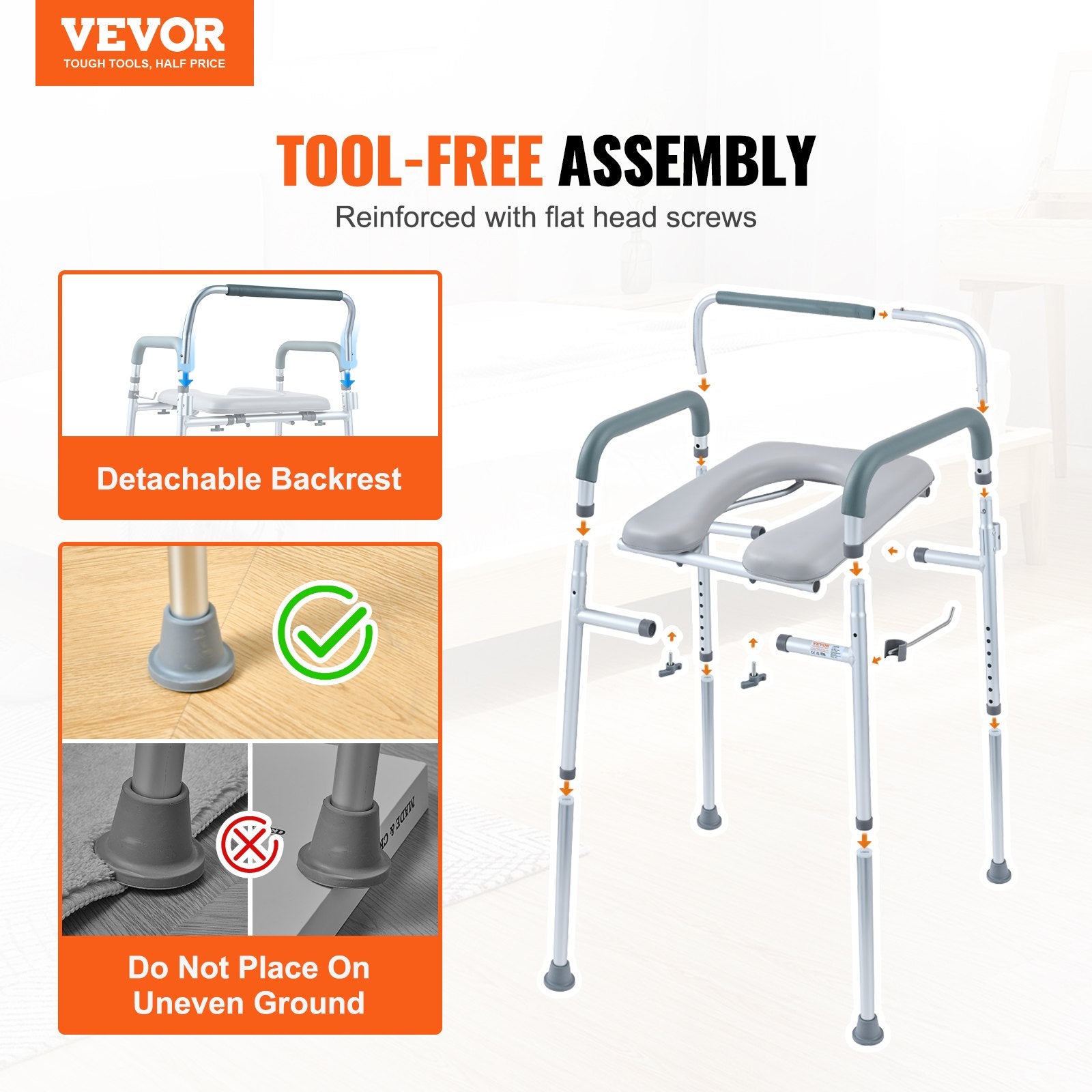 Commode Chair, Bedside Commode with Padded Seat and Arms, 7-Level Adjustable Height, 5.8L Removable Bucket, Easy to Assemble, 350 LBS Capacity, Raised Toilet Seat for Adults Seniors - Image 7