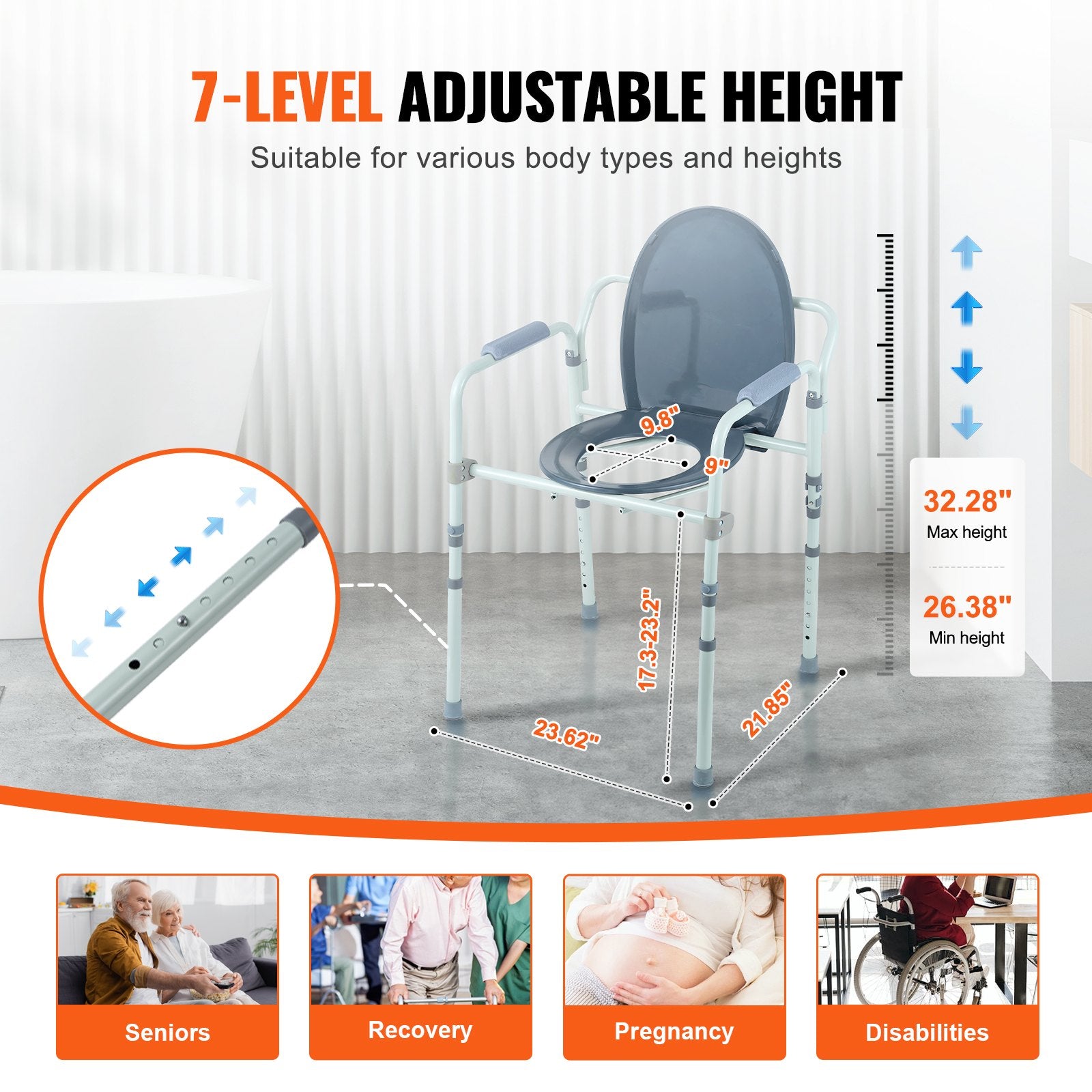 Commode Chair, Bedside Commode with Wider Toilet Seat, 7-Level Adjustable Height, 5.8L Removable Bucket, Easy to Assemble, 350 LBS Capacity, Raised Toilet Seat for Adults Seniors - Image 4