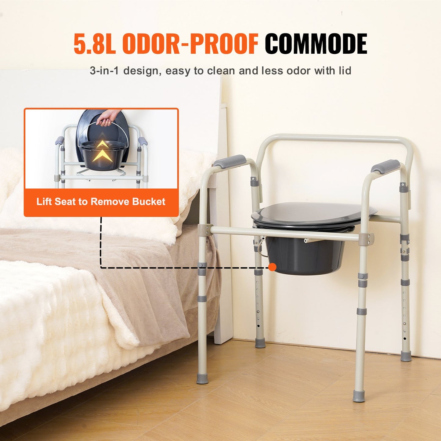 Commode Chair, Bedside Commode with Wider Toilet Seat, 7-Level Adjustable Height, 5.8L Removable Bucket, Easy to Assemble, 350 LBS Capacity, Raised Toilet Seat for Adults Seniors - Image 6