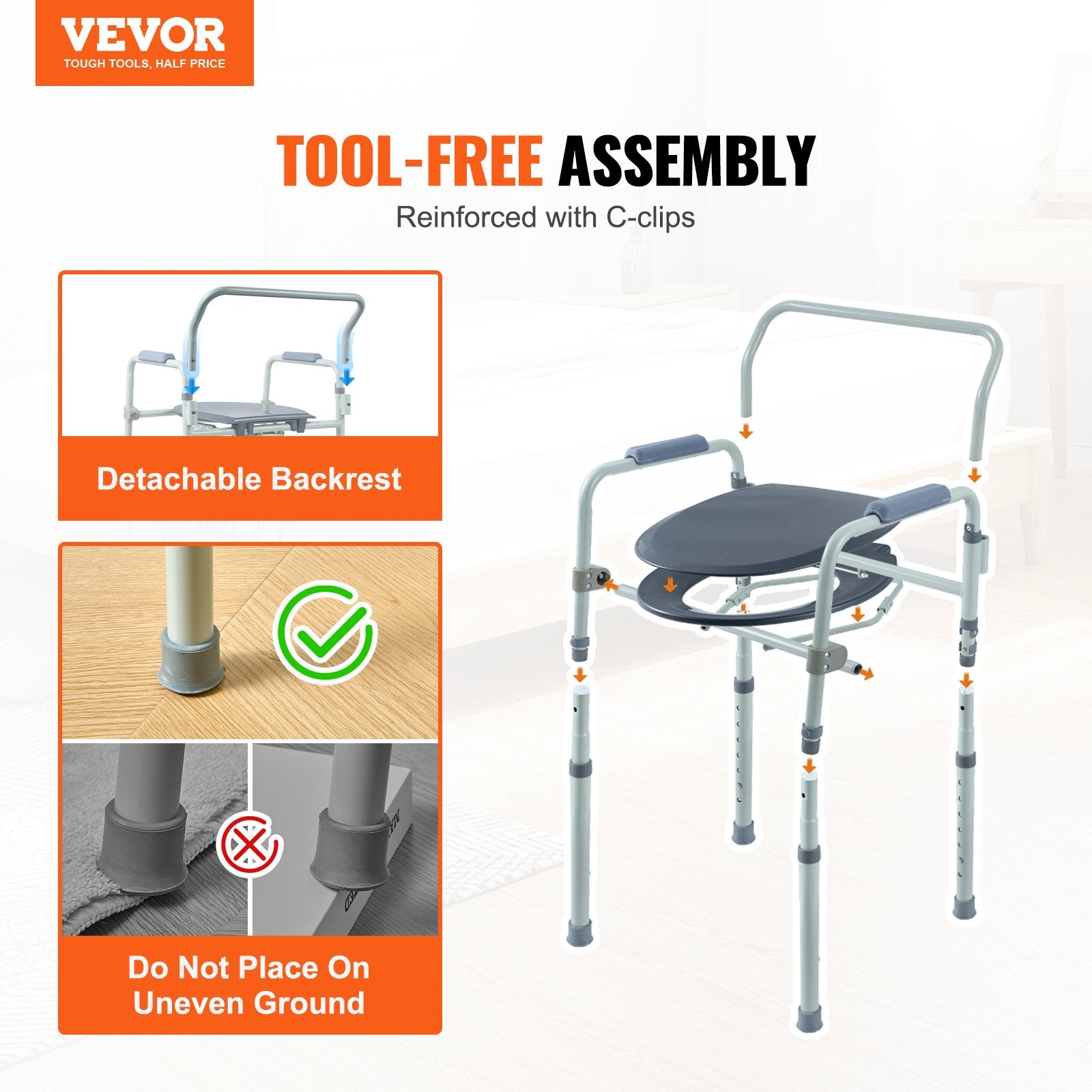 Commode Chair, Bedside Commode with Wider Toilet Seat, 7-Level Adjustable Height, 5.8L Removable Bucket, Easy to Assemble, 350 LBS Capacity, Raised Toilet Seat for Adults Seniors - Image 7