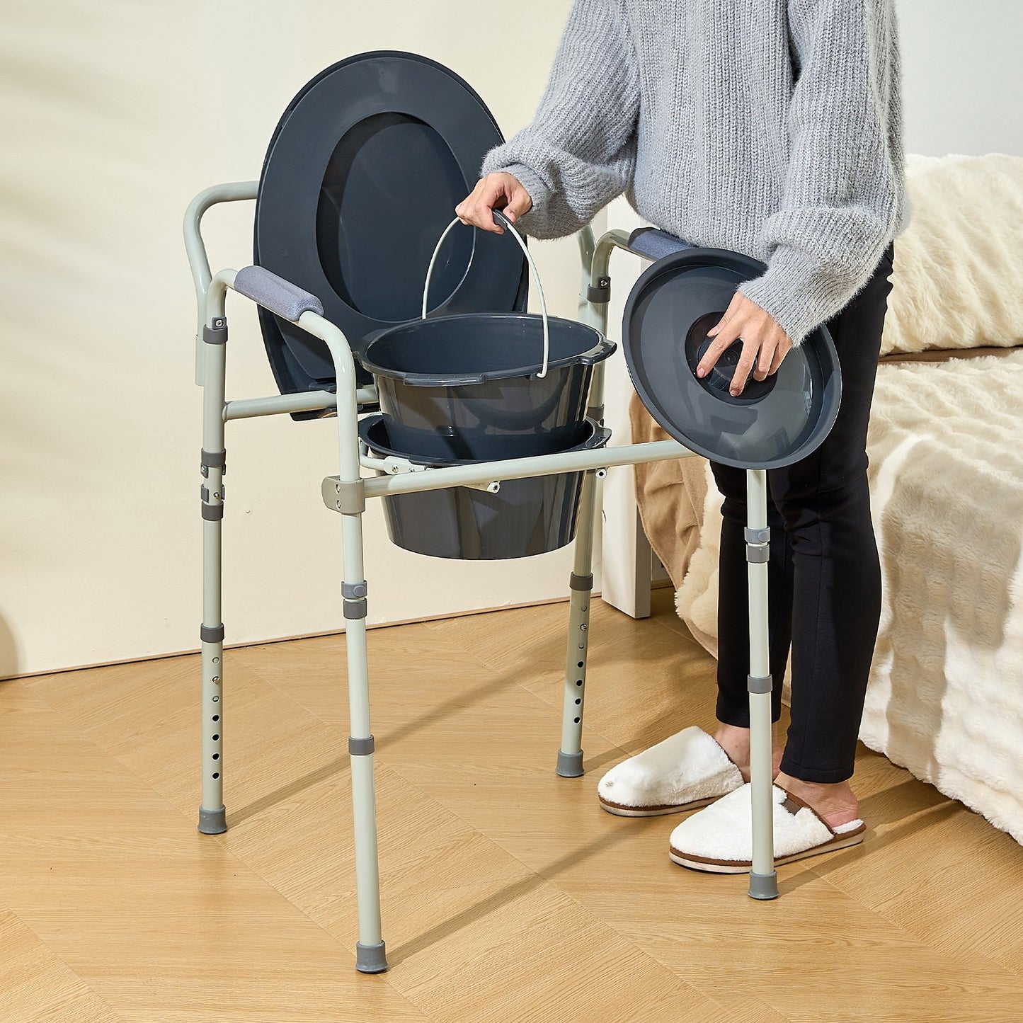 Commode Chair, Bedside Commode with Wider Toilet Seat, 7-Level Adjustable Height, 5.8L Removable Bucket, Easy to Assemble, 350 LBS Capacity, Raised Toilet Seat for Adults Seniors - Image 8