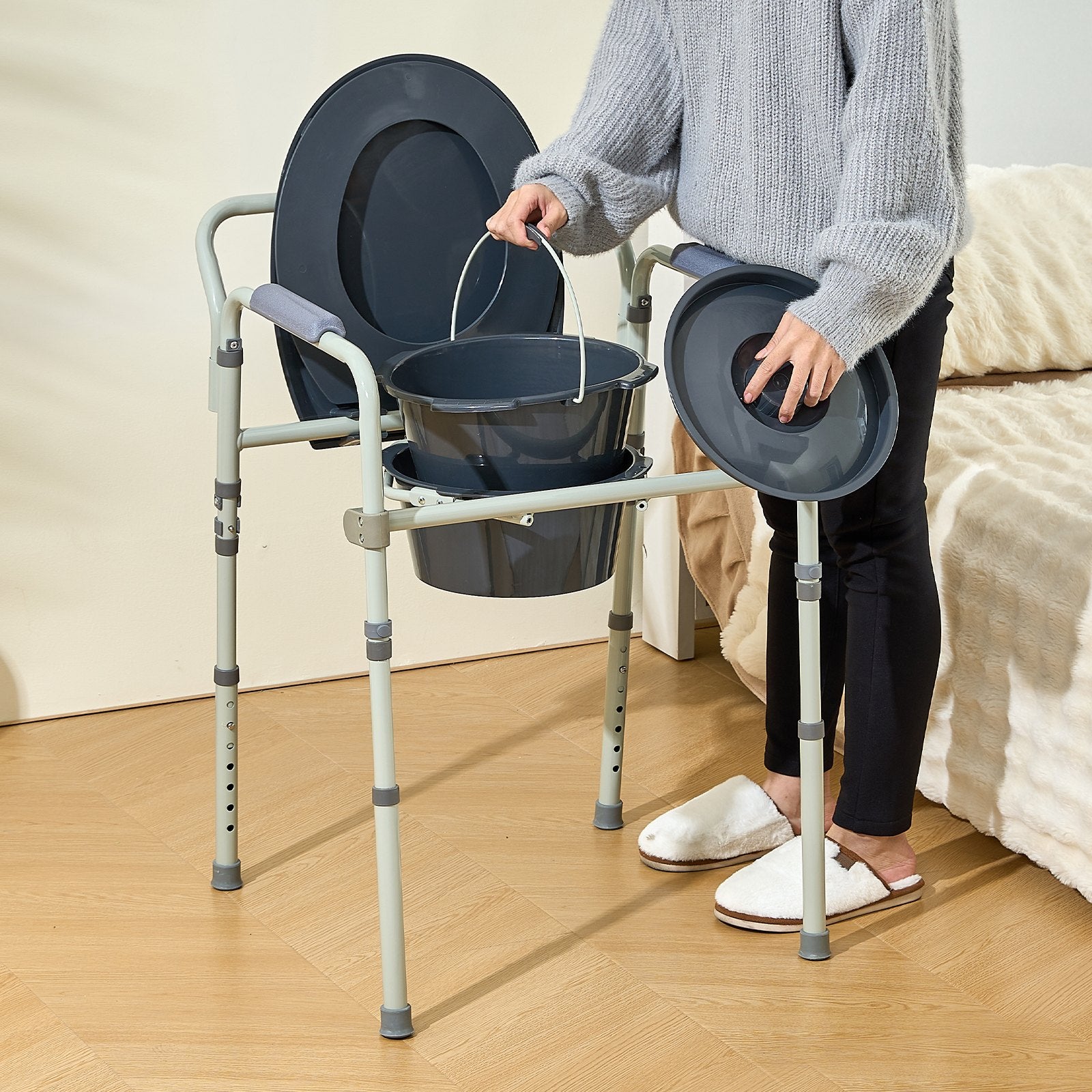 Commode Chair, Bedside Commode with Wider Toilet Seat, 7-Level Adjustable Height, 5.8L Removable Bucket, Easy to Assemble, 350 LBS Capacity, Raised Toilet Seat for Adults Seniors - Image 8