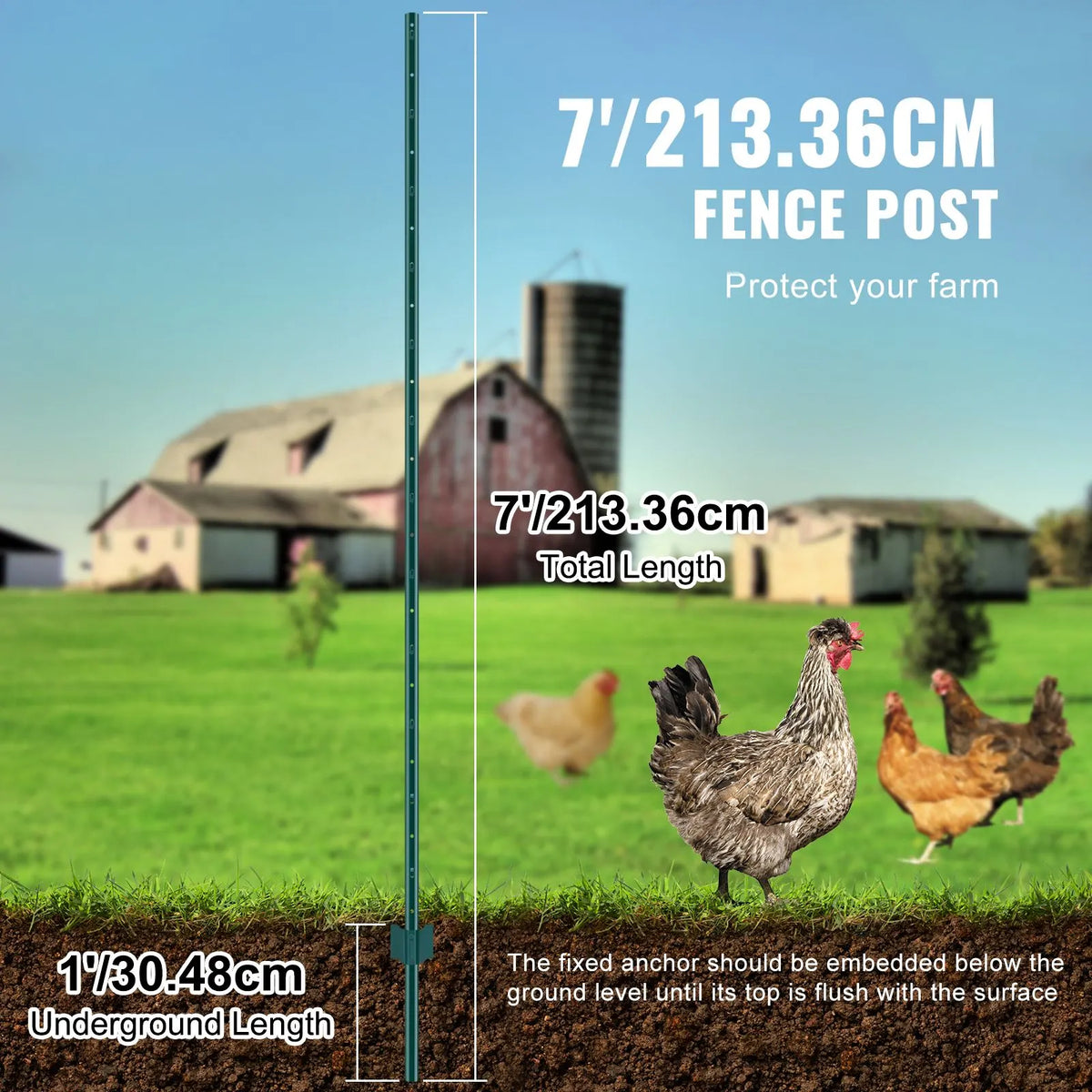 7 Feet Fence Post, 10 Pack U-Channel Heavy Duty Metal Fence Posts, Sturdy Steel Fence Stakes for Garden Yard, Lawn, Farms and Outdoor Wire Fencing, Green - Image 3