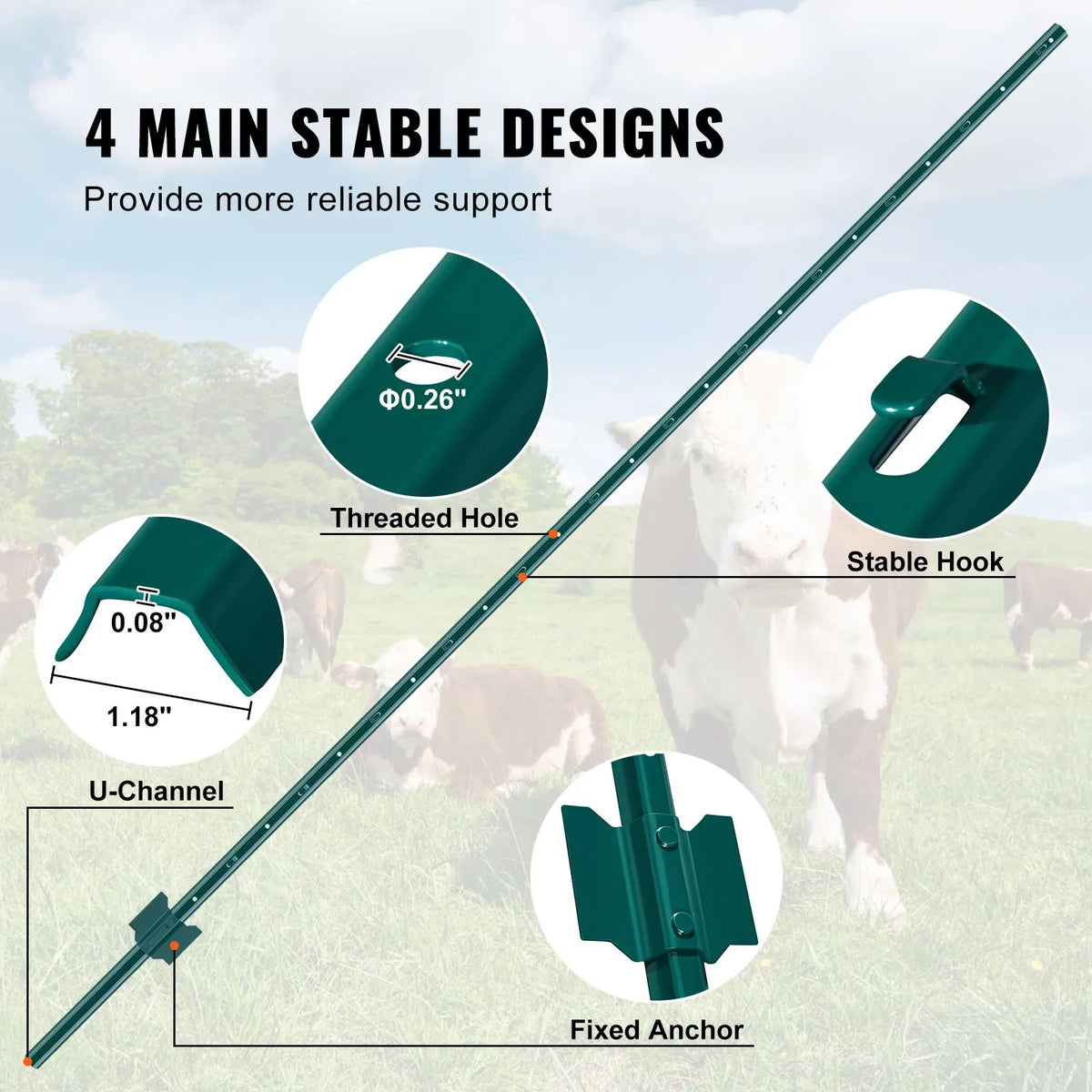 7 Feet Fence Post, 10 Pack U-Channel Heavy Duty Metal Fence Posts, Sturdy Steel Fence Stakes for Garden Yard, Lawn, Farms and Outdoor Wire Fencing, Green - Image 4