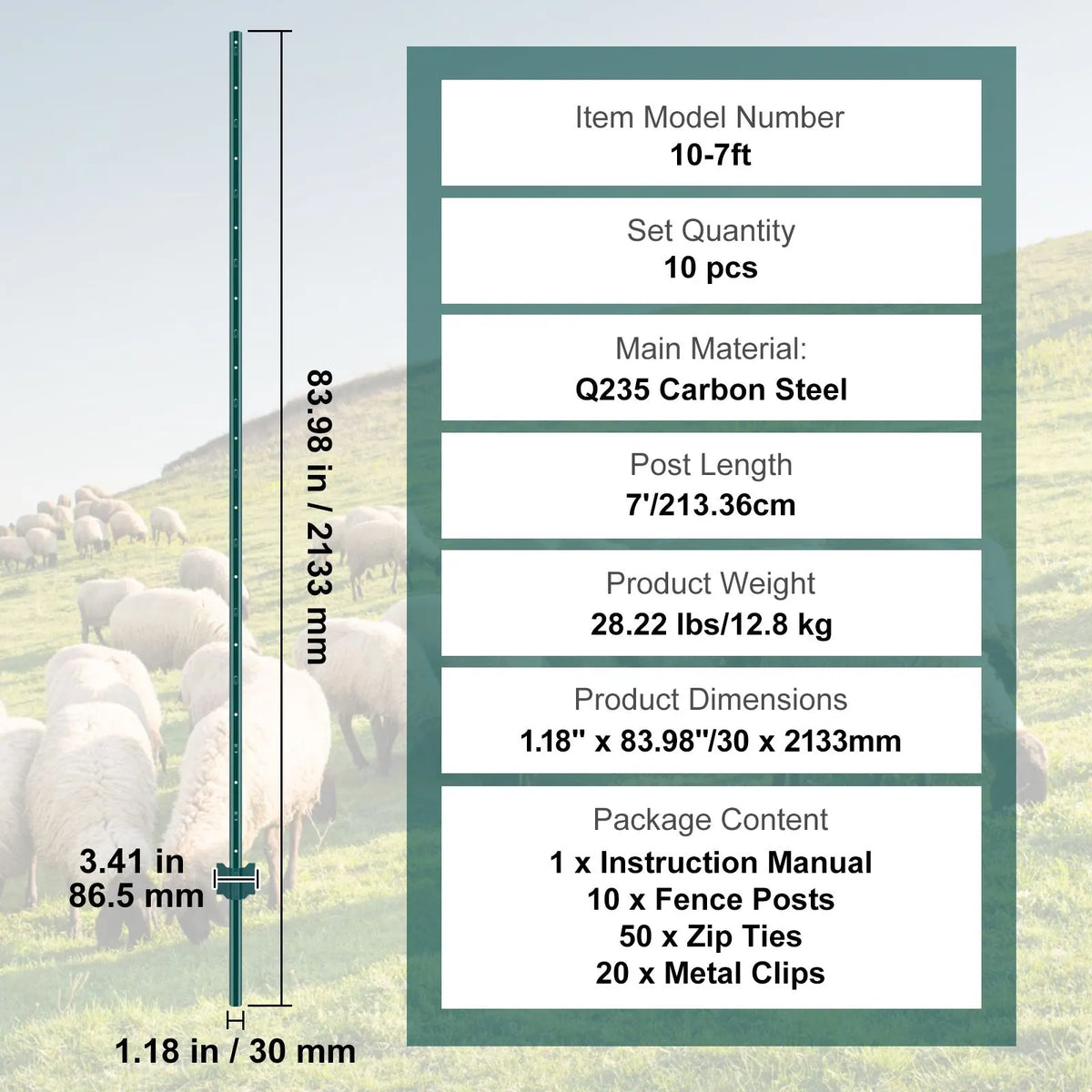 7 Feet Fence Post, 10 Pack U-Channel Heavy Duty Metal Fence Posts, Sturdy Steel Fence Stakes for Garden Yard, Lawn, Farms and Outdoor Wire Fencing, Green - Image 7