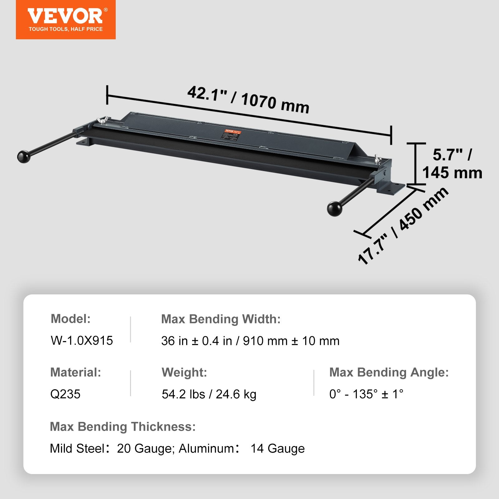 Box and Pan Brake, 910 ± 10 mm, 0-130 Degrees Sheet Metal Bending Brake, Portable Mini Metal Bender with 20 Gauge Low Carbon Steel 14 Gauge Aluminum Capacity Power Handle, for Metal Bending - Image 7