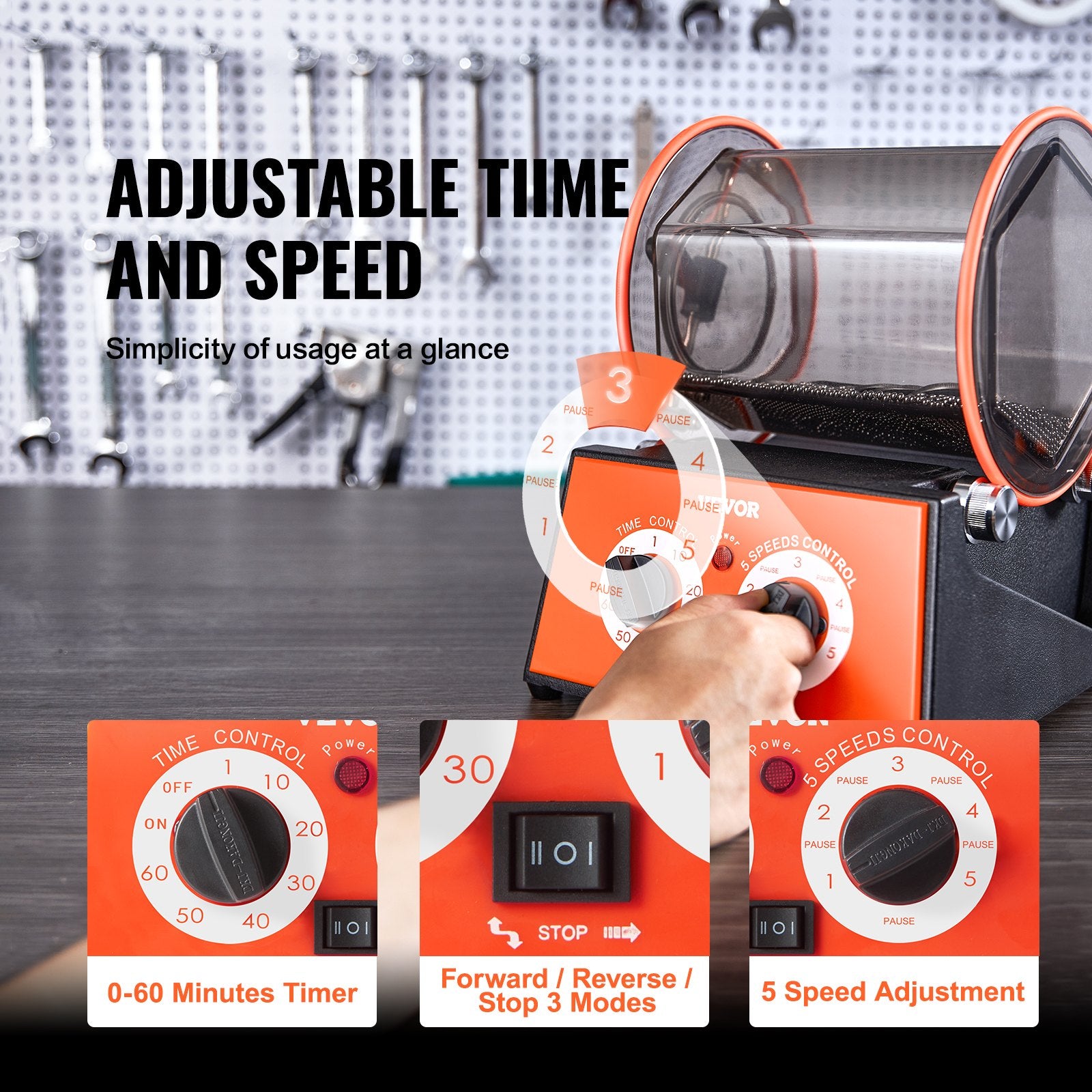 Jewelry Polisher Tumbler, 11lbs/5kg Capacity Mini Rotary Tumbler Machine with 0-60 Minutes Timer, 5 Speeds Jewelry Rotary Finisher for Surface Polishing Grinding Buffing Gemstones Jewels Coins - Image 4
