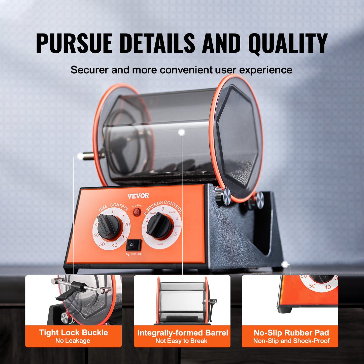 Jewelry Polisher Tumbler, 11lbs/5kg Capacity Mini Rotary Tumbler Machine with 0-60 Minutes Timer, 5 Speeds Jewelry Rotary Finisher for Surface Polishing Grinding Buffing Gemstones Jewels Coins - Image 6