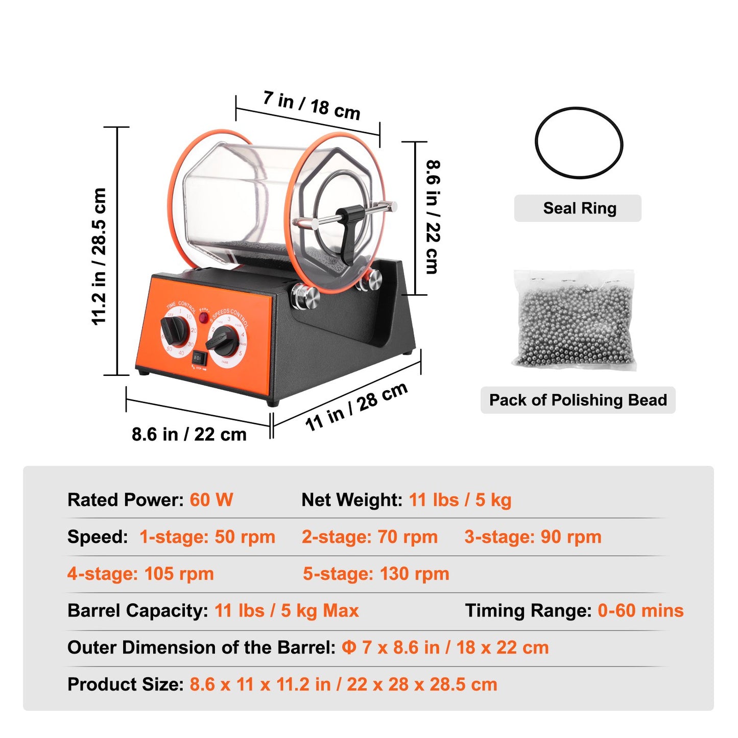 Jewelry Polisher Tumbler, 11lbs/5kg Capacity Mini Rotary Tumbler Machine with 0-60 Minutes Timer, 5 Speeds Jewelry Rotary Finisher for Surface Polishing Grinding Buffing Gemstones Jewels Coins - Image 7