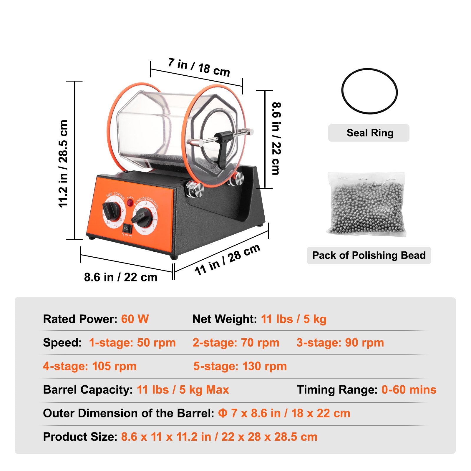 Jewelry Polisher Tumbler, 11lbs/5kg Capacity Mini Rotary Tumbler Machine with 0-60 Minutes Timer, 5 Speeds Jewelry Rotary Finisher for Surface Polishing Grinding Buffing Gemstones Jewels Coins - Image 7