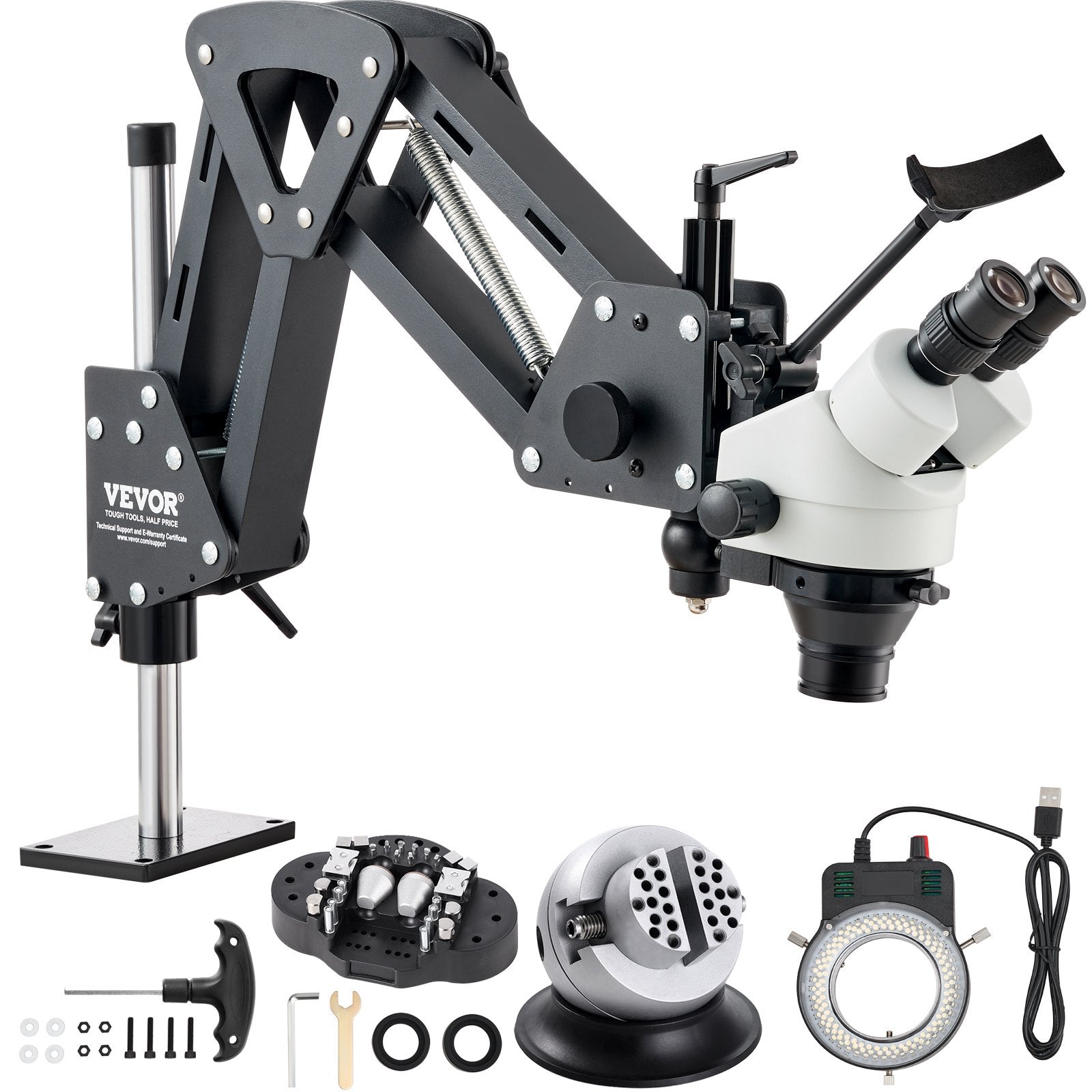 Multi-Directional Microscope with Spring Bracket, 7X-45X Magnification Jewelry Microscope, Micro Jewelry Inlaid Stand with Integrated USB Ring LED Light and 360° Ball Vise, for Jewelry Inlay