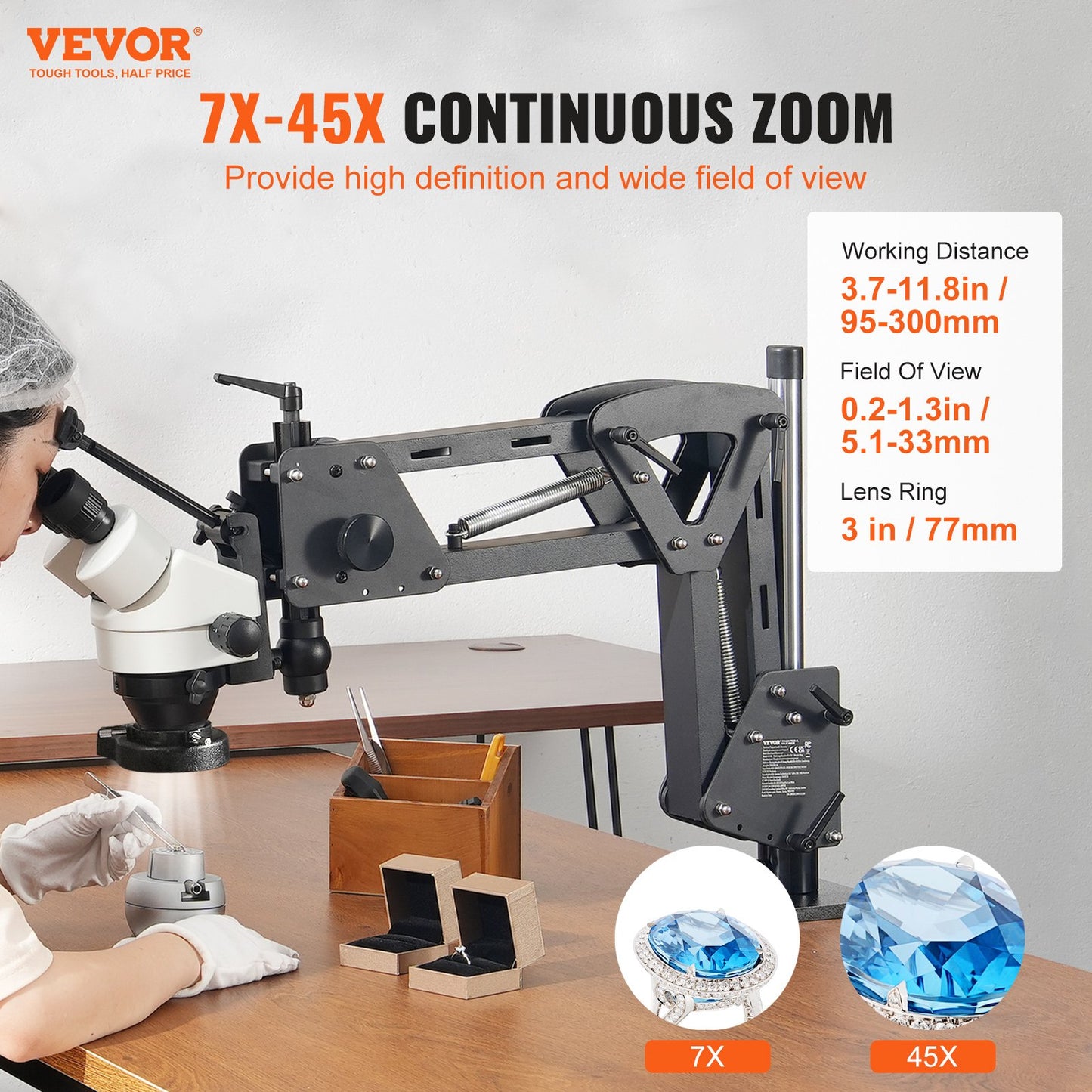 Multi-Directional Microscope with Spring Bracket, 7X-45X Magnification Jewelry Microscope, Micro Jewelry Inlaid Stand with Integrated USB Ring LED Light and 360° Ball Vise, for Jewelry Inlay - Image 2