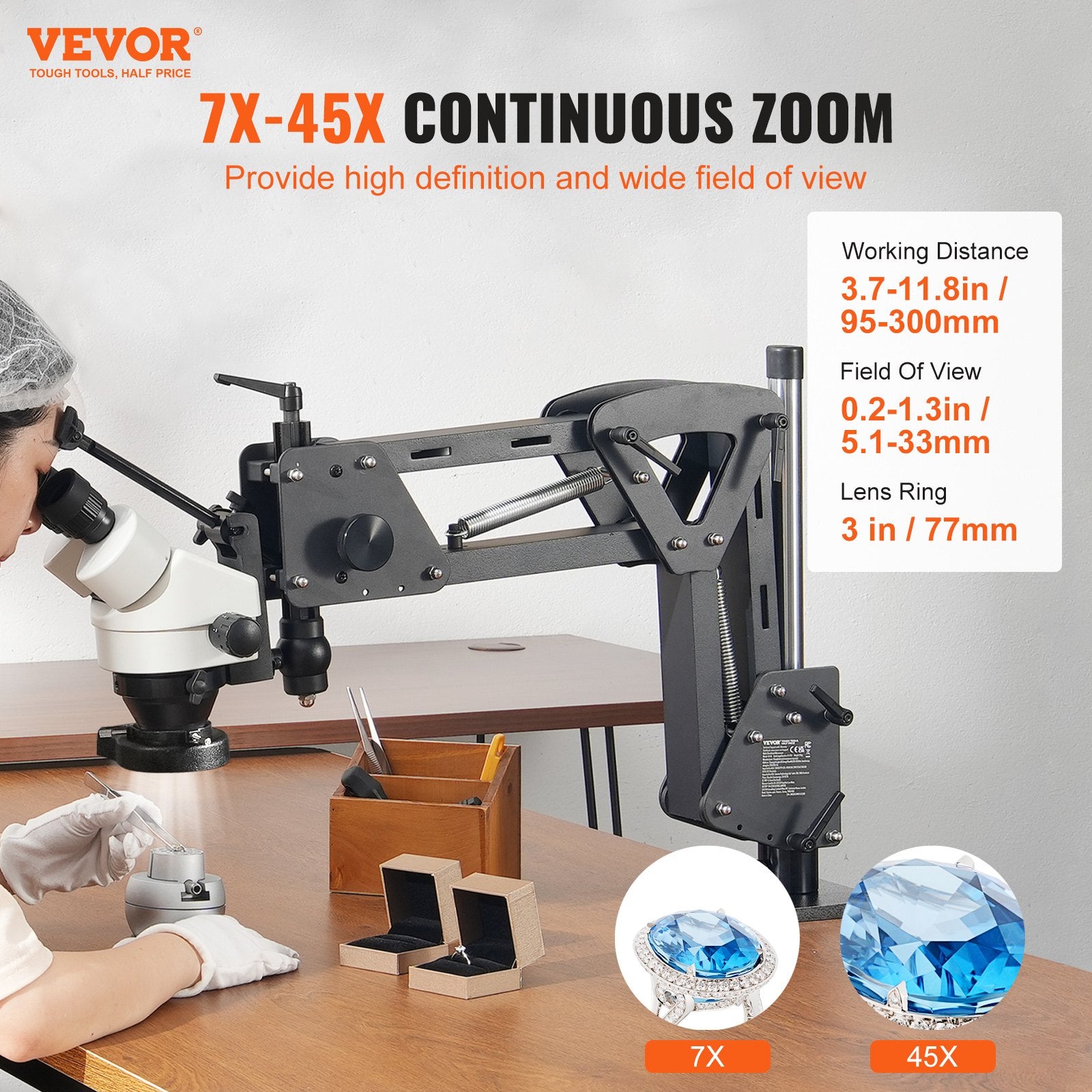 Multi-Directional Microscope with Spring Bracket, 7X-45X Magnification Jewelry Microscope, Micro Jewelry Inlaid Stand with Integrated USB Ring LED Light and 360° Ball Vise, for Jewelry Inlay - Image 2