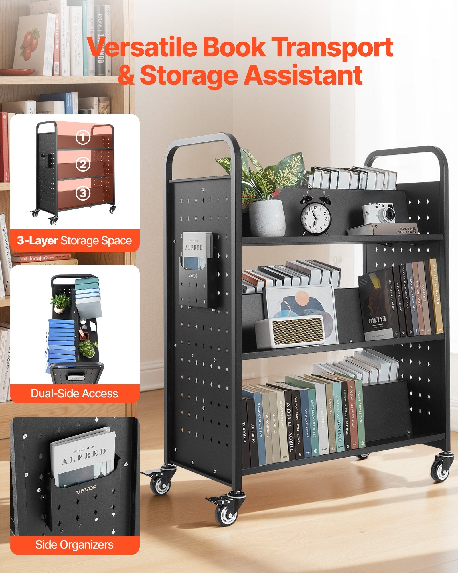 Rolling Library Book Cart, 150 kg Capacity, 97 x 51.5 x 122.5 cm Library Cart, Double Sided W-Shaped Shelves with 76.2 mm Lockable Wheels, Book Truck for Home Shelves Office and School, Black - Image 2