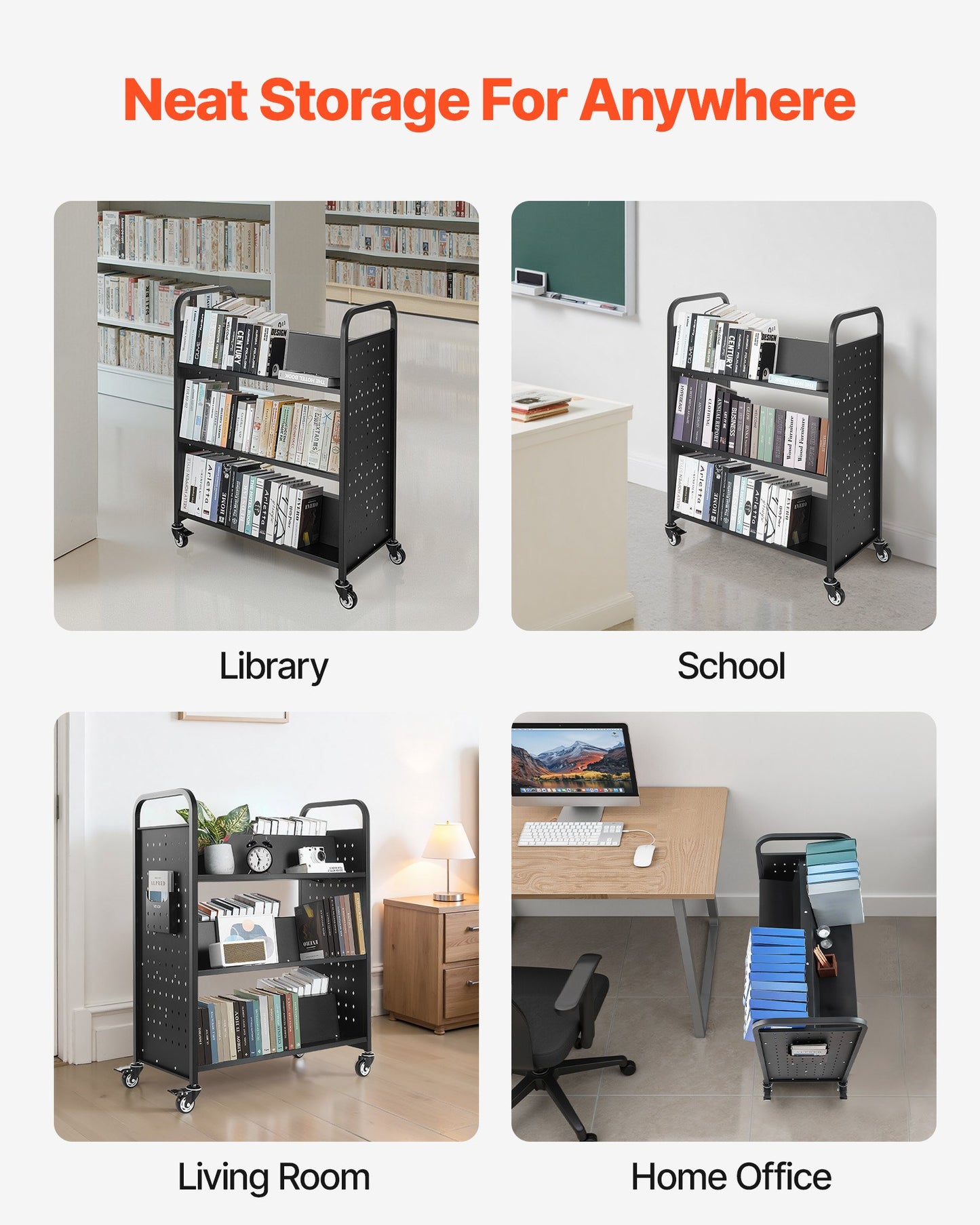 Rolling Library Book Cart, 150 kg Capacity, 97 x 51.5 x 122.5 cm Library Cart, Double Sided W-Shaped Shelves with 76.2 mm Lockable Wheels, Book Truck for Home Shelves Office and School, Black - Image 6