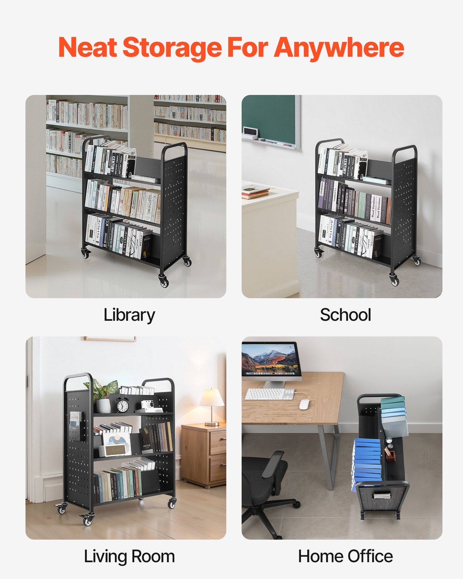 Rolling Library Book Cart, 150 kg Capacity, 97 x 51.5 x 122.5 cm Library Cart, Double Sided W-Shaped Shelves with 76.2 mm Lockable Wheels, Book Truck for Home Shelves Office and School, Black - Image 6