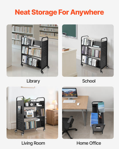 Rolling Library Book Cart, 150 kg Capacity, 97 x 51.5 x 122.5 cm Library Cart, Double Sided W-Shaped Shelves with 76.2 mm Lockable Wheels, Book Truck for Home Shelves Office and School, Black - Image 6
