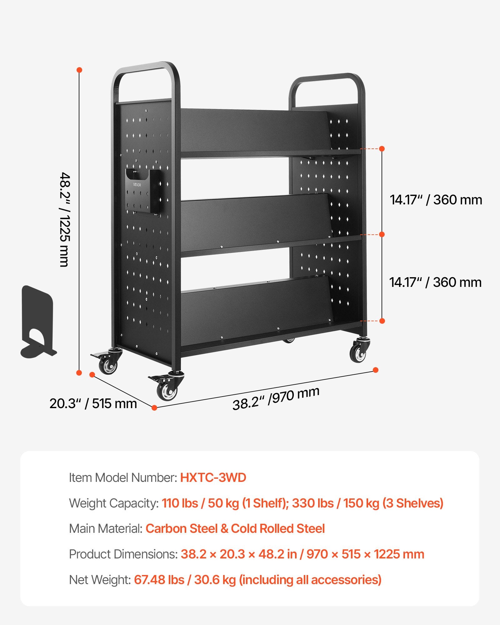 Rolling Library Book Cart, 150 kg Capacity, 97 x 51.5 x 122.5 cm Library Cart, Double Sided W-Shaped Shelves with 76.2 mm Lockable Wheels, Book Truck for Home Shelves Office and School, Black - Image 7