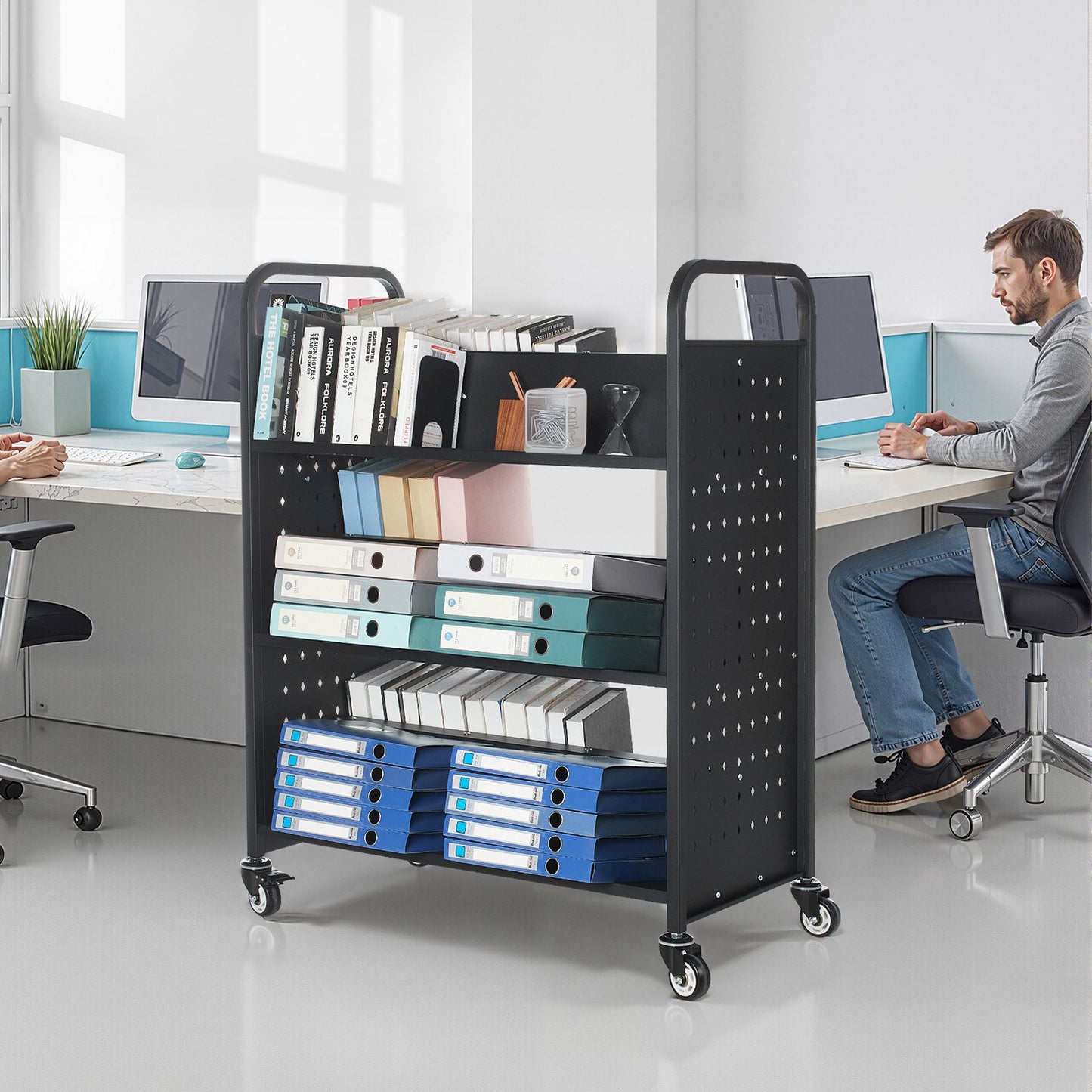 Rolling Library Book Cart, 150 kg Capacity, 97 x 51.5 x 122.5 cm Library Cart, Double Sided W-Shaped Shelves with 76.2 mm Lockable Wheels, Book Truck for Home Shelves Office and School, Black - Image 8