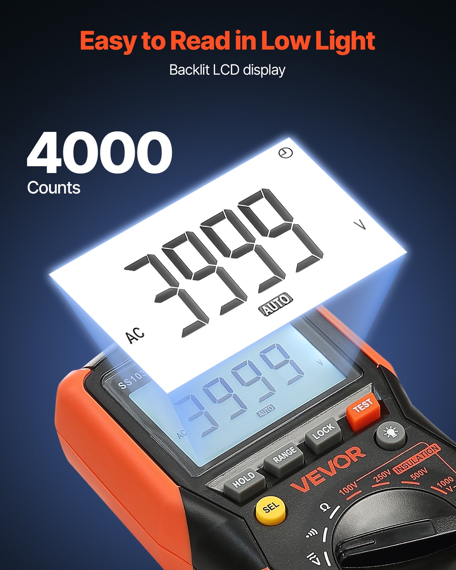 Digital Multimeter, 4000-Count TRMS Voltmeter Ohmmeter, 1000V AC/DC Voltage Tester with Switchable Auto/Manual Range for Voltage, Resistance, and Continuity Measurment - Image 3