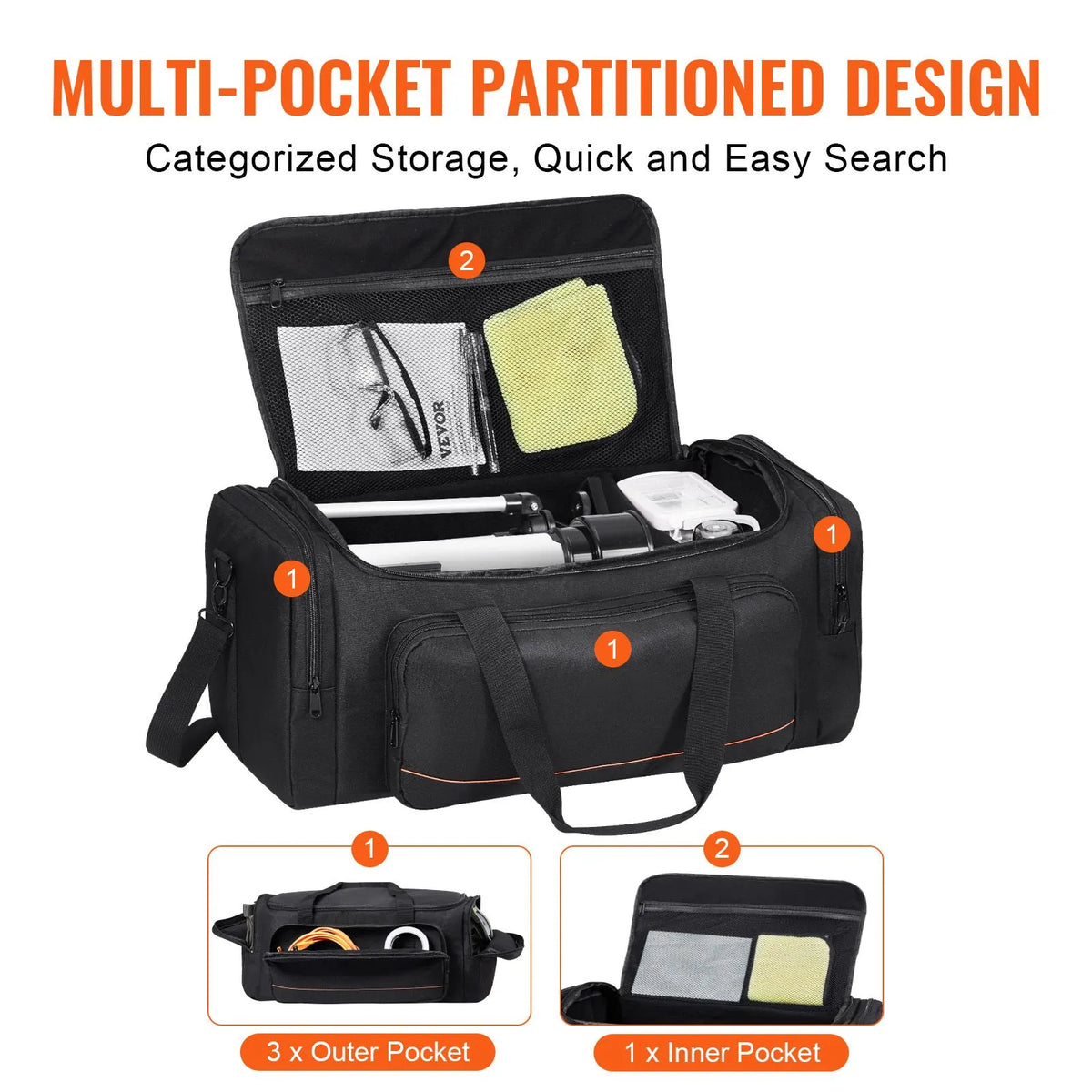 Telescope Case, 560 mm, Telescope Storage Bag with Fixed Buckles, Multi-Pocket & Detachable Divider for Telescope, Shock-Absorbent Telescope Carrying Case to Easily Secure Optical Tube & Tripod - Image 4