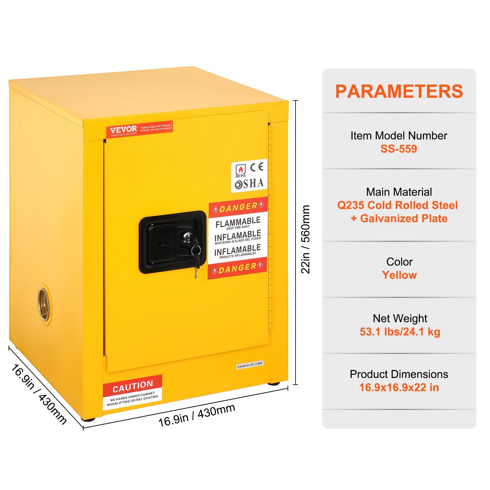 12 Gallon Safety Cabinet for Flammable Liquids Single door and Manual Close Yellow Hazardous Storage - Image 3