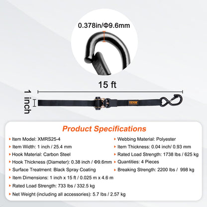 4 Pack Ratchet Tie Down Straps 2200 lbs 1"x15' Heavy Duty for Cargo - Image 7