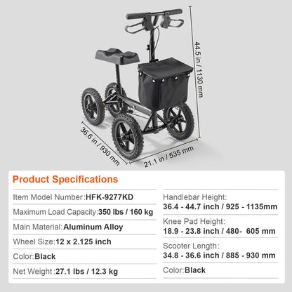 Folding Knee Scooter, Aluminum Steerable Knee Walker with Height-Adjustable Handlebar & Knee Pad, 12" All-Terrain Wheels, Dual Brakes, Leg Recovery Scooter for Broken Ankle Foot Injuries, 159KG - Image 7