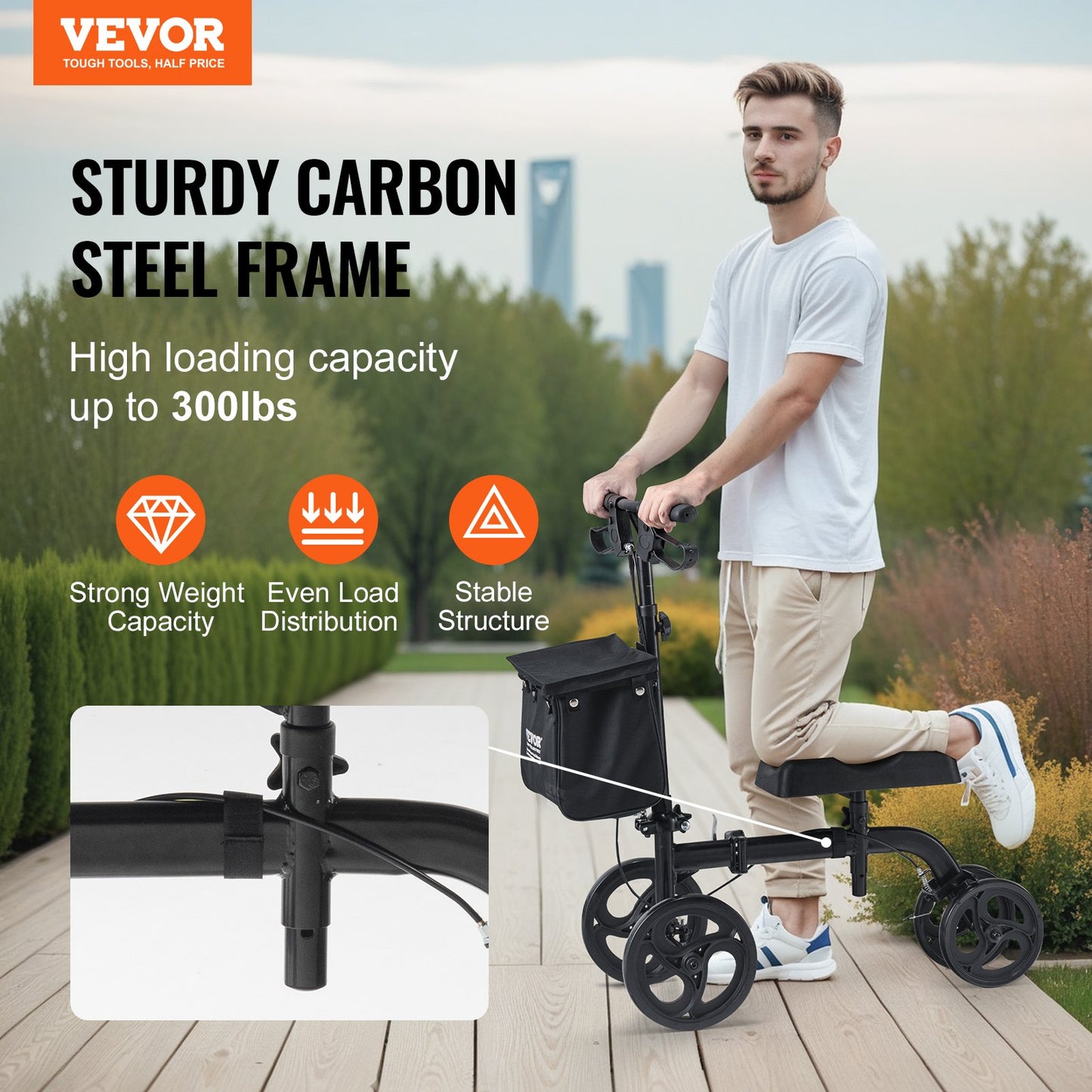 Folding Knee Scooter, Carbon Steel Steerable Knee Walker with Height-Adjustable Handlebar & Knee Pad, All-Terrain Solid Wheels, Dual Brakes, Leg Recovery Scooter for Broken Ankle Foot Injuries - Image 2