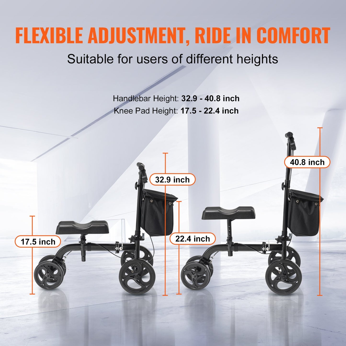 Folding Knee Scooter, Carbon Steel Steerable Knee Walker with Height-Adjustable Handlebar & Knee Pad, All-Terrain Solid Wheels, Dual Brakes, Leg Recovery Scooter for Broken Ankle Foot Injuries - Image 3