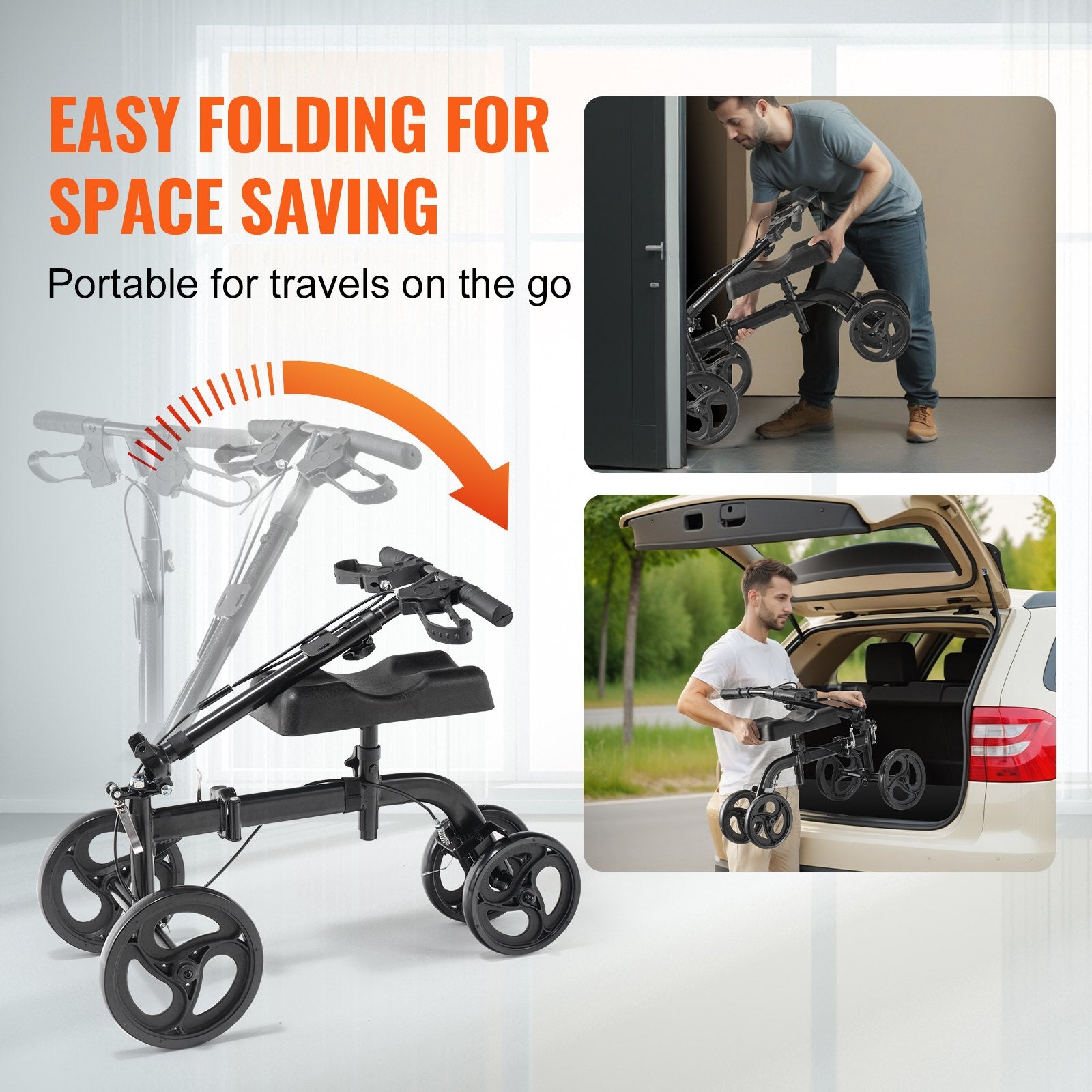 Folding Knee Scooter, Carbon Steel Steerable Knee Walker with Height-Adjustable Handlebar & Knee Pad, All-Terrain Solid Wheels, Dual Brakes, Leg Recovery Scooter for Broken Ankle Foot Injuries - Image 6