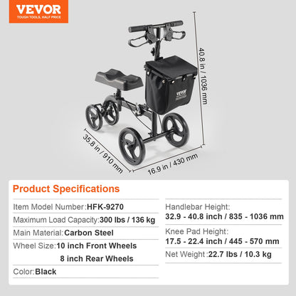 Folding Knee Scooter, Carbon Steel Steerable Knee Walker with Height-Adjustable Handlebar & Knee Pad, All-Terrain Solid Wheels, Dual Brakes, Leg Recovery Scooter for Broken Ankle Foot Injuries - Image 7