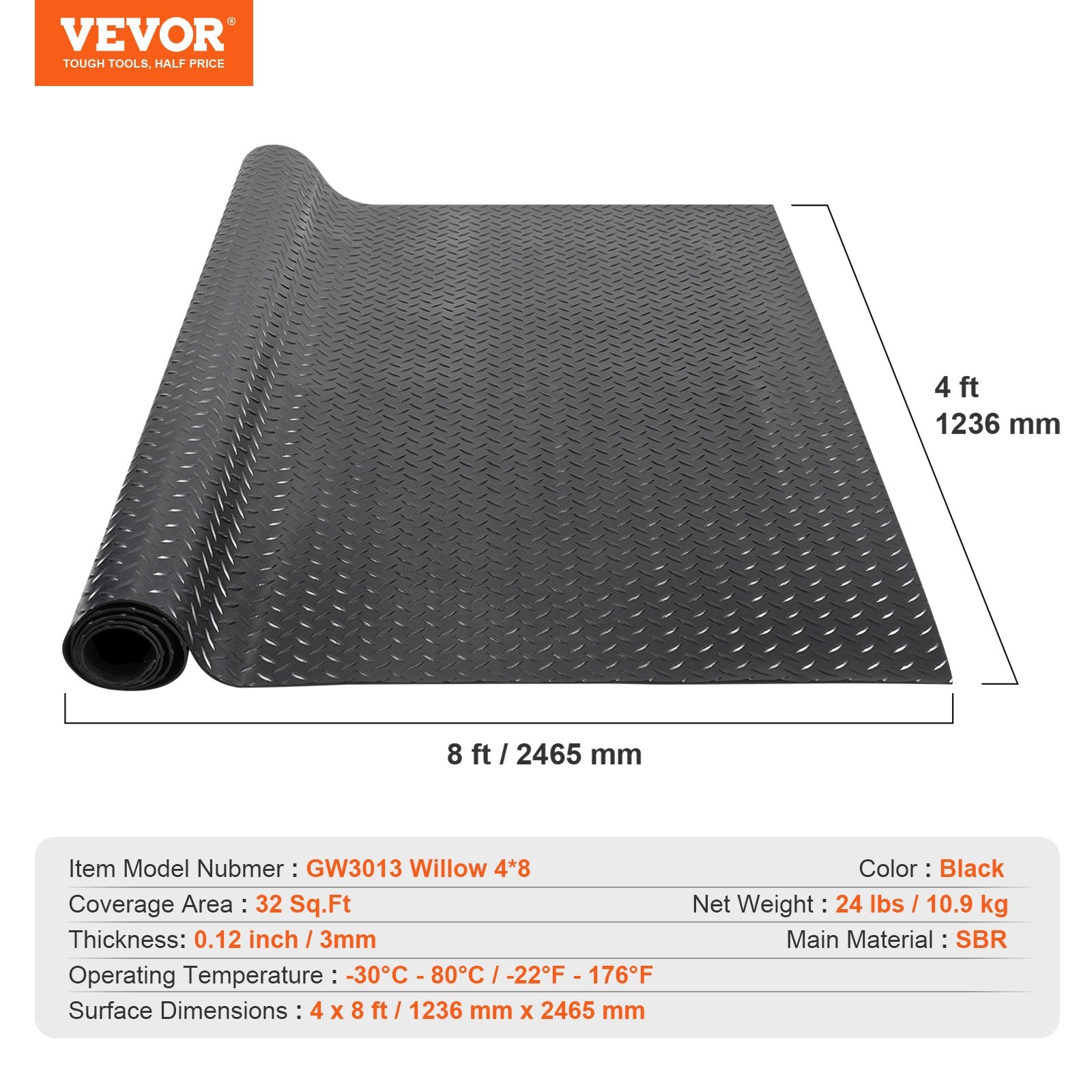 Diamond-Plate Rubber Flooring Roll, 3 mm x 4 ft x 8 ft Garage Floor Mat, SBR Rubber Garage Flooring Roll, Easy to Clean, Diamond Plate Rubber Mat for Under Cars, Garage Industry Gym, Black - Image 7