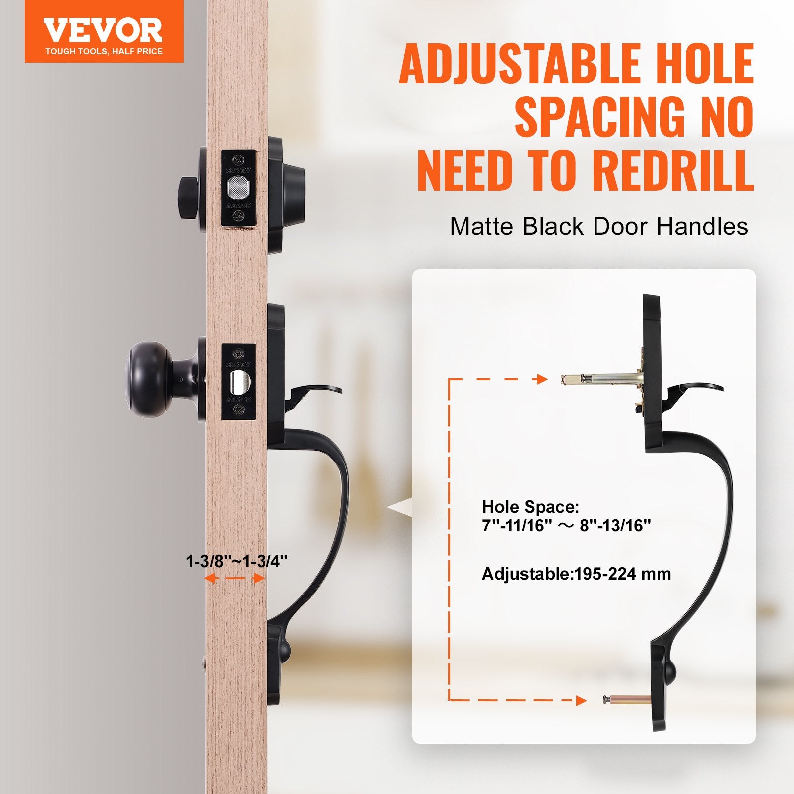 Front Door Handle and Deadbolt Set, Matte Black Front Door Lock Set with Interior Knob, Single Cylinder Handleset Adjustable Hole Spacing, for Right and Left Handed Entrance and Front Door - Image 2