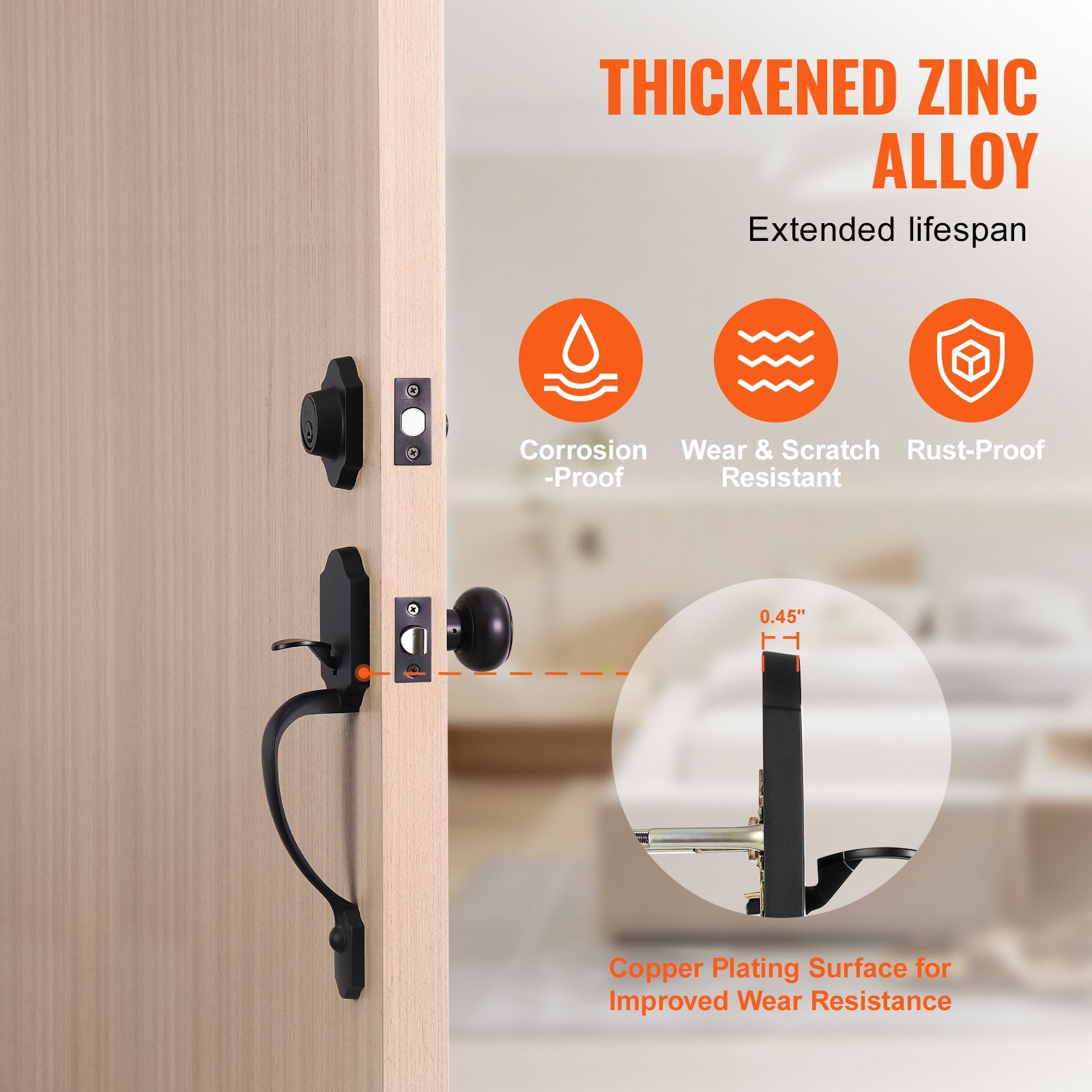 Front Door Handle and Deadbolt Set, Matte Black Front Door Lock Set with Interior Knob, Single Cylinder Handleset Adjustable Hole Spacing, for Right and Left Handed Entrance and Front Door - Image 3