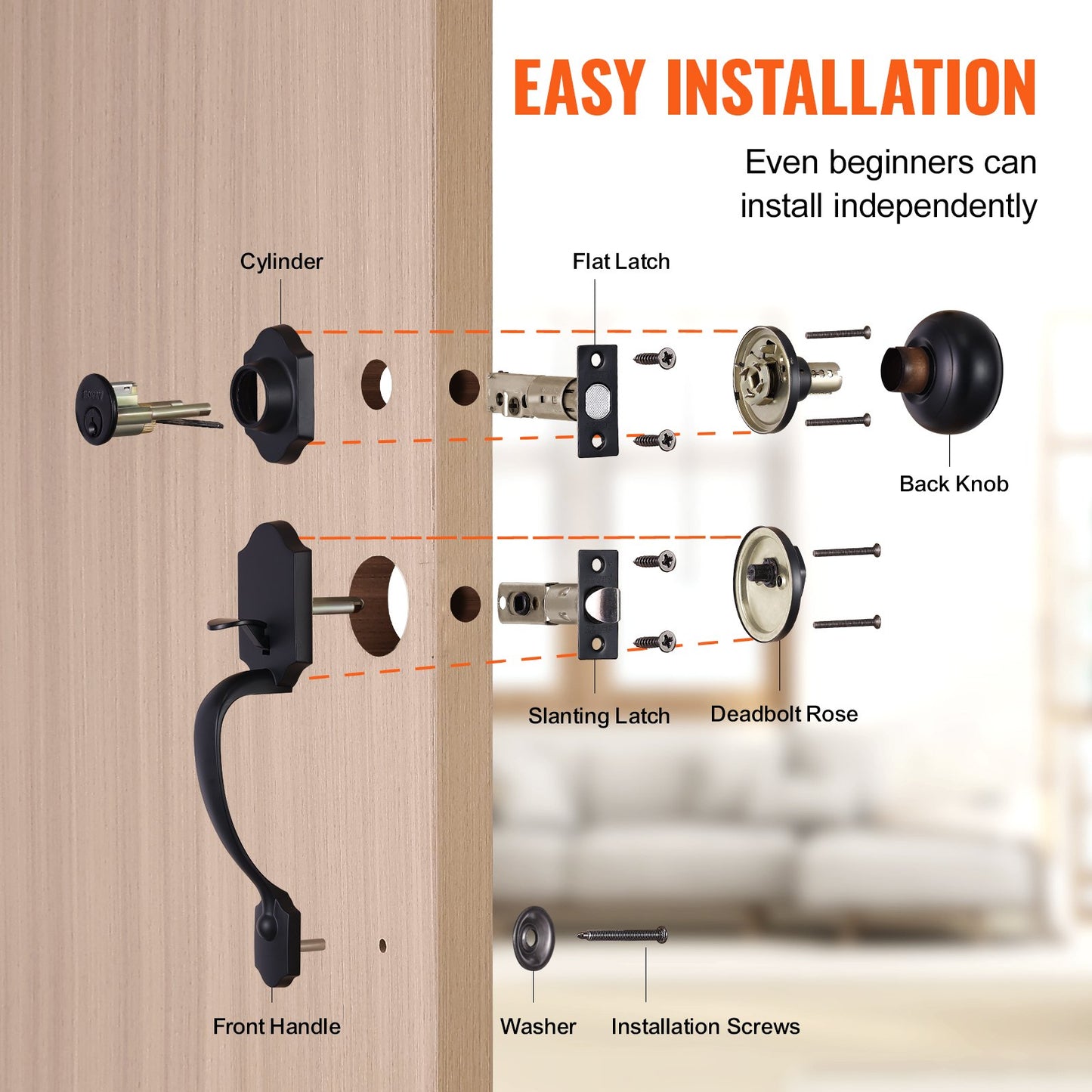 Front Door Handle and Deadbolt Set, Matte Black Front Door Lock Set with Interior Knob, Single Cylinder Handleset Adjustable Hole Spacing, for Right and Left Handed Entrance and Front Door - Image 5