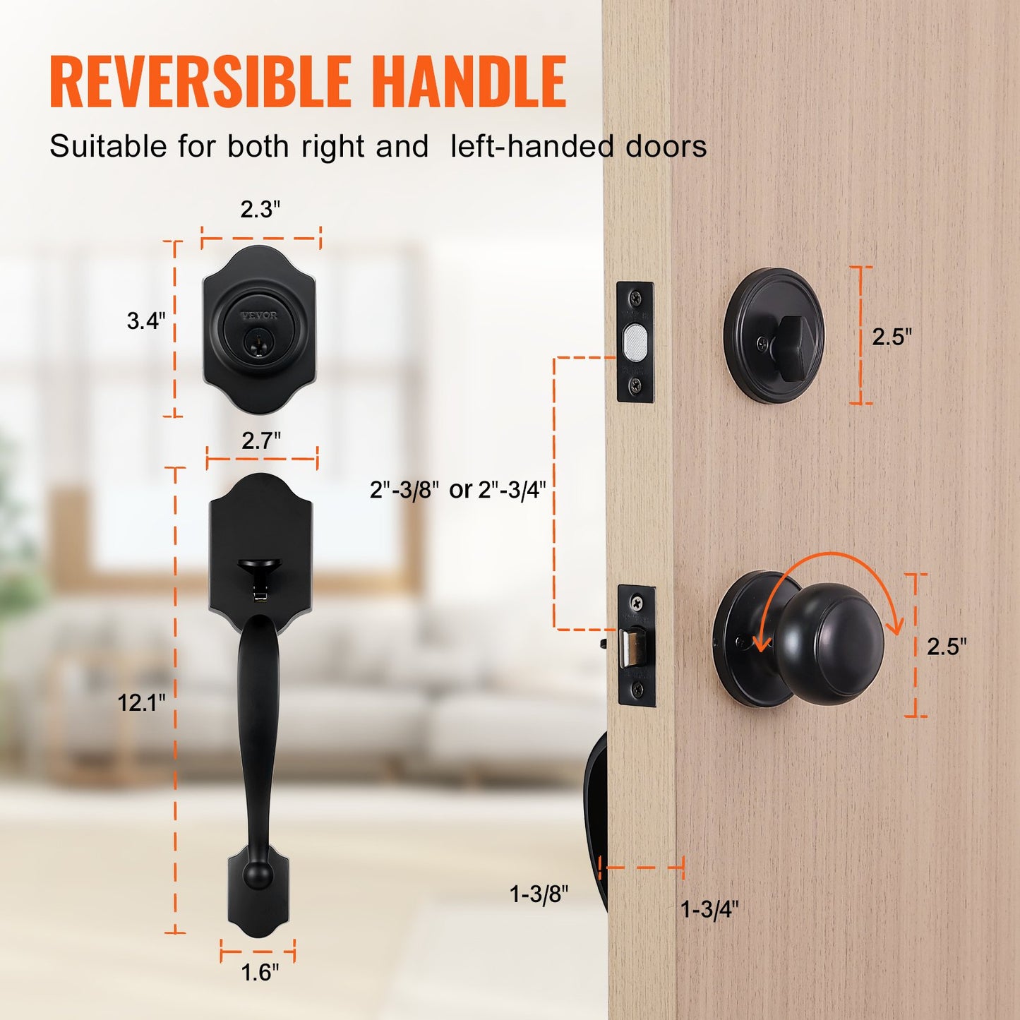 Front Door Handle and Deadbolt Set, Matte Black Front Door Lock Set with Interior Knob, Single Cylinder Handleset Adjustable Hole Spacing, for Right and Left Handed Entrance and Front Door - Image 6