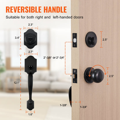Front Door Handle and Deadbolt Set, Matte Black Front Door Lock Set with Interior Knob, Single Cylinder Handleset Adjustable Hole Spacing, for Right and Left Handed Entrance and Front Door - Image 6