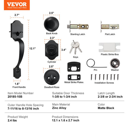 Front Door Handle and Deadbolt Set, Matte Black Front Door Lock Set with Interior Knob, Single Cylinder Handleset Adjustable Hole Spacing, for Right and Left Handed Entrance and Front Door - Image 7