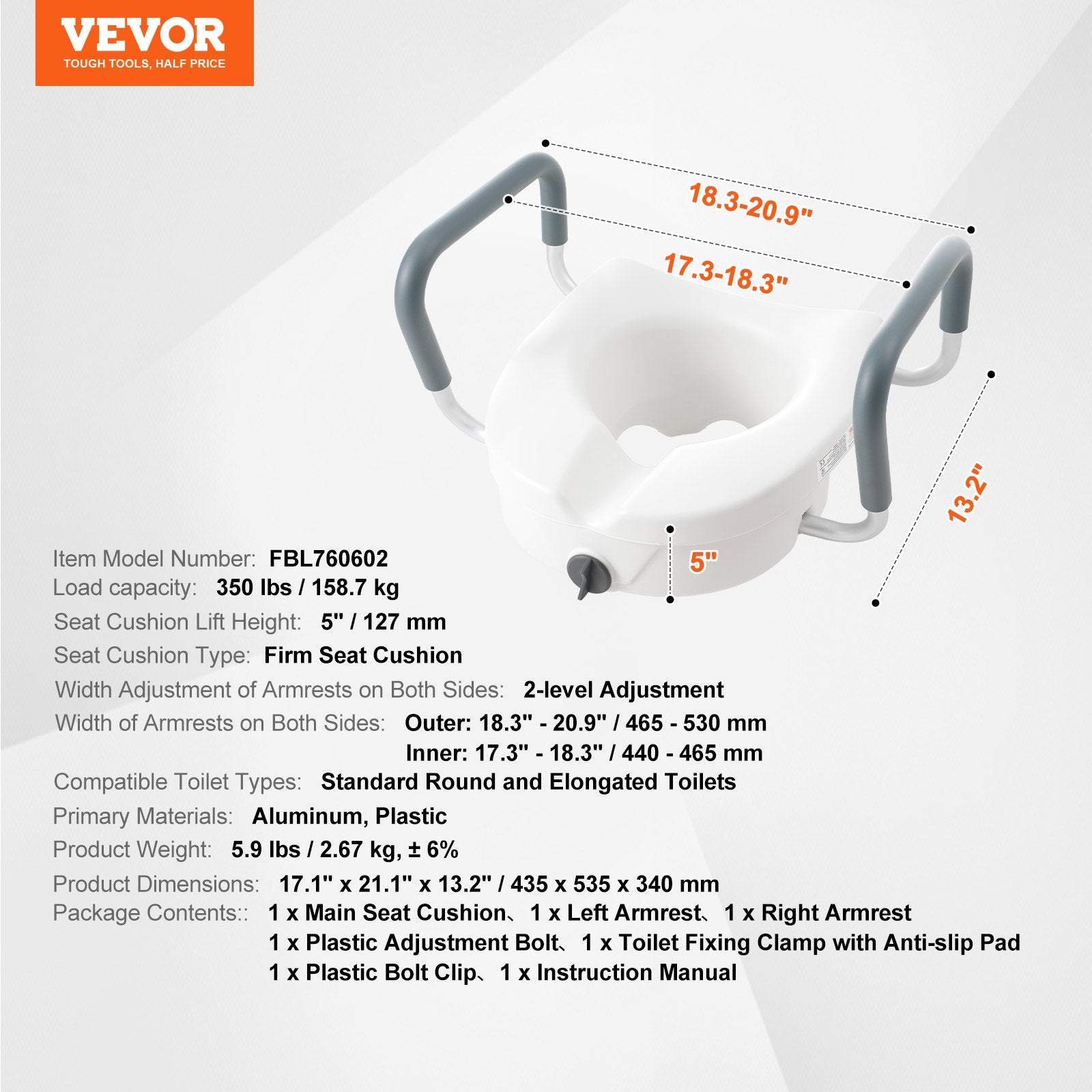 Raised Toilet Seat, 5" Height Raised, 350 lbs Weight Capacity, for Round and Elongated Toilet, Twist Lock Installation,19.1" - 21.7" Adjustable Width, for Elderly, Handicap, Patient, Pregnant, M - Image 7