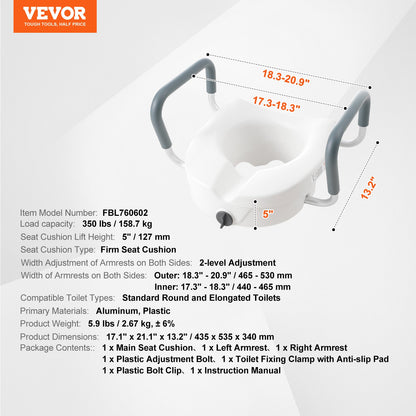 Raised Toilet Seat, 5" Height Raised, 350 lbs Weight Capacity, for Round and Elongated Toilet, Twist Lock Installation,19.1" - 21.7" Adjustable Width, for Elderly, Handicap, Patient, Pregnant, M - Image 7