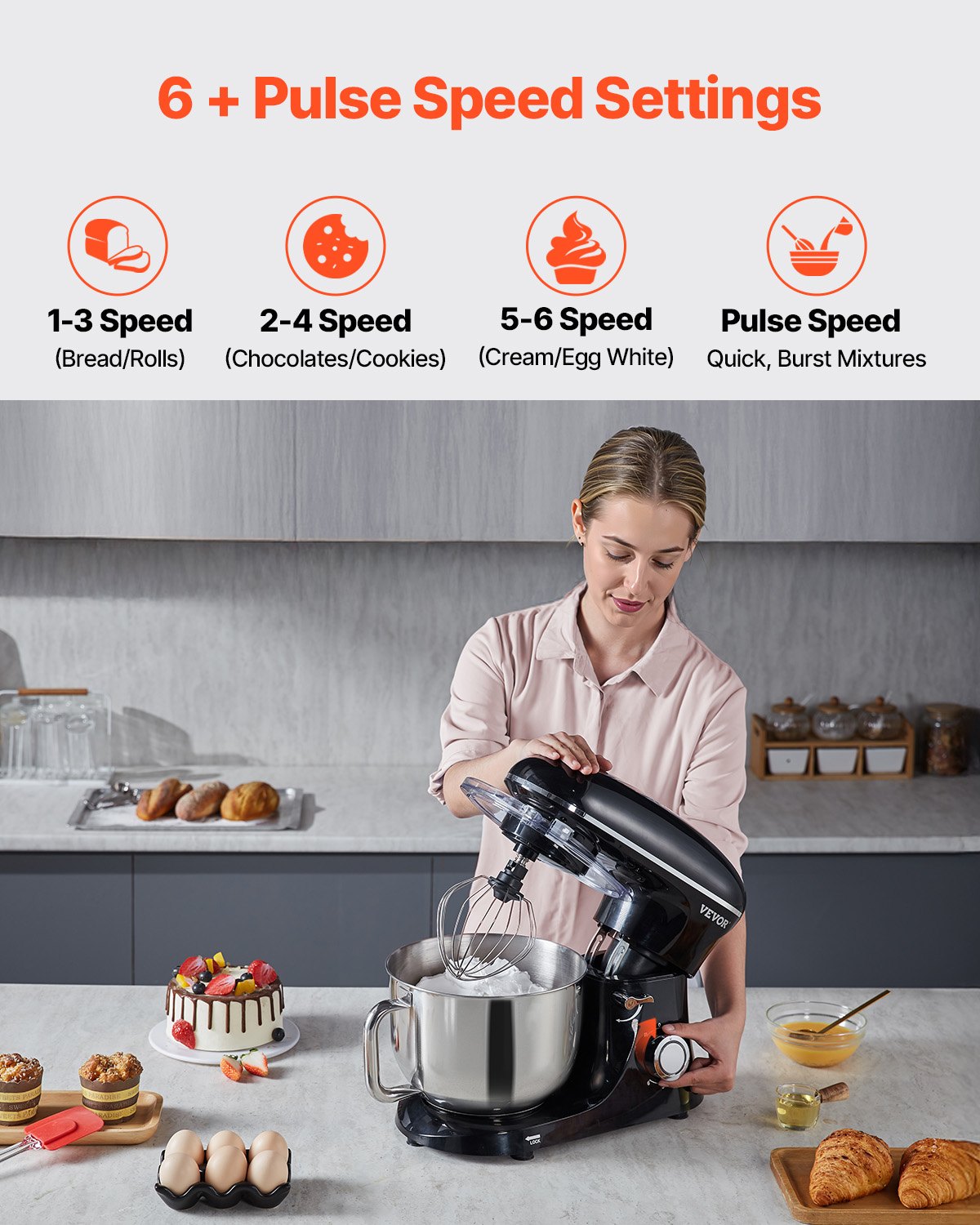 Stand Mixer 5.68 L Electric Dough Mixer 1100W 6 + P Speeds Food Beater - Image 3