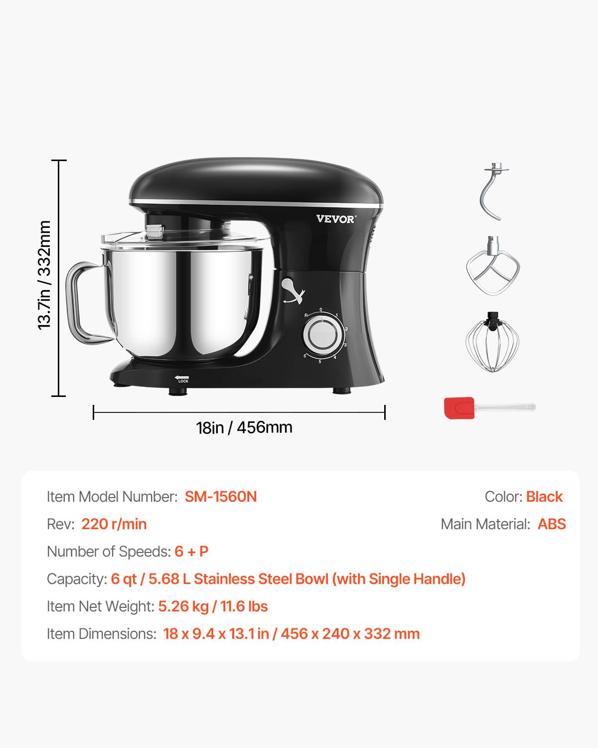 Stand Mixer 5.68 L Electric Dough Mixer 1100W 6 + P Speeds Food Beater - Image 7