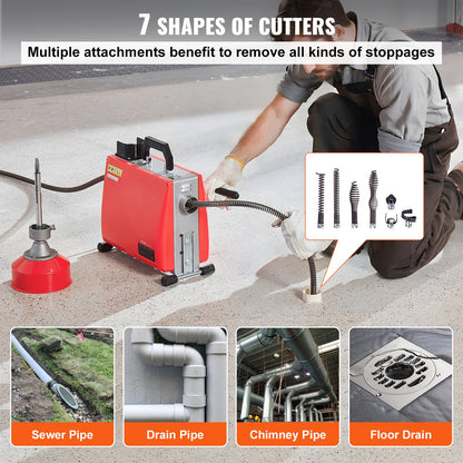 Drain Cleaner Machine 66FT x 5/8" 250W Sewer Snake Auger Manual Feed - Image 4