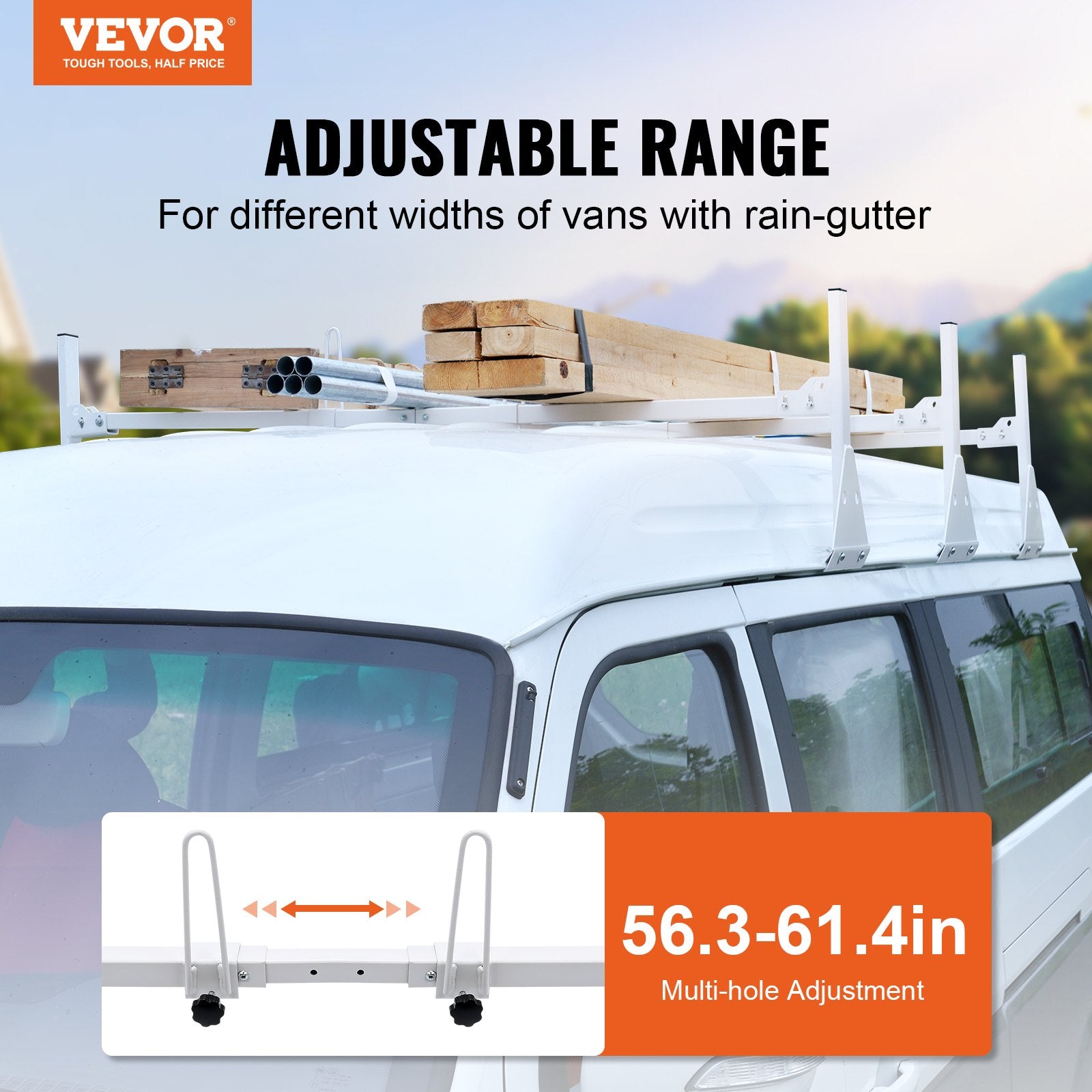 3-Bar Van Roof Ladder Rack Adjustable 56.3"-61.4" for Full-Size Vans - Image 2