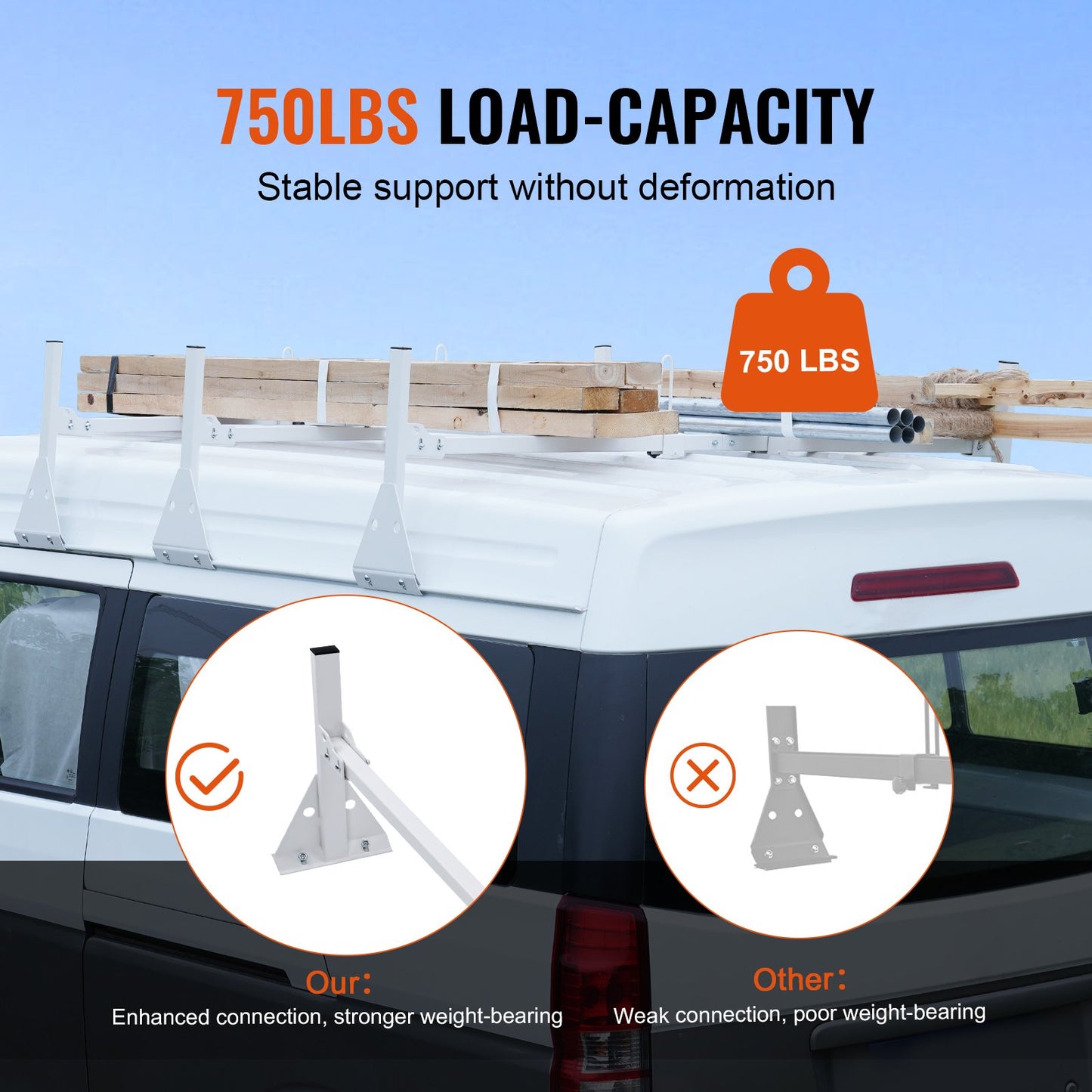 3-Bar Van Roof Ladder Rack Adjustable 56.3"-61.4" for Full-Size Vans - Image 4