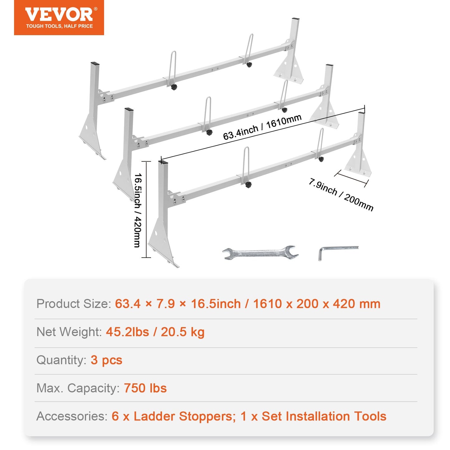 3-Bar Van Roof Ladder Rack Adjustable 56.3"-61.4" for Full-Size Vans - Image 7