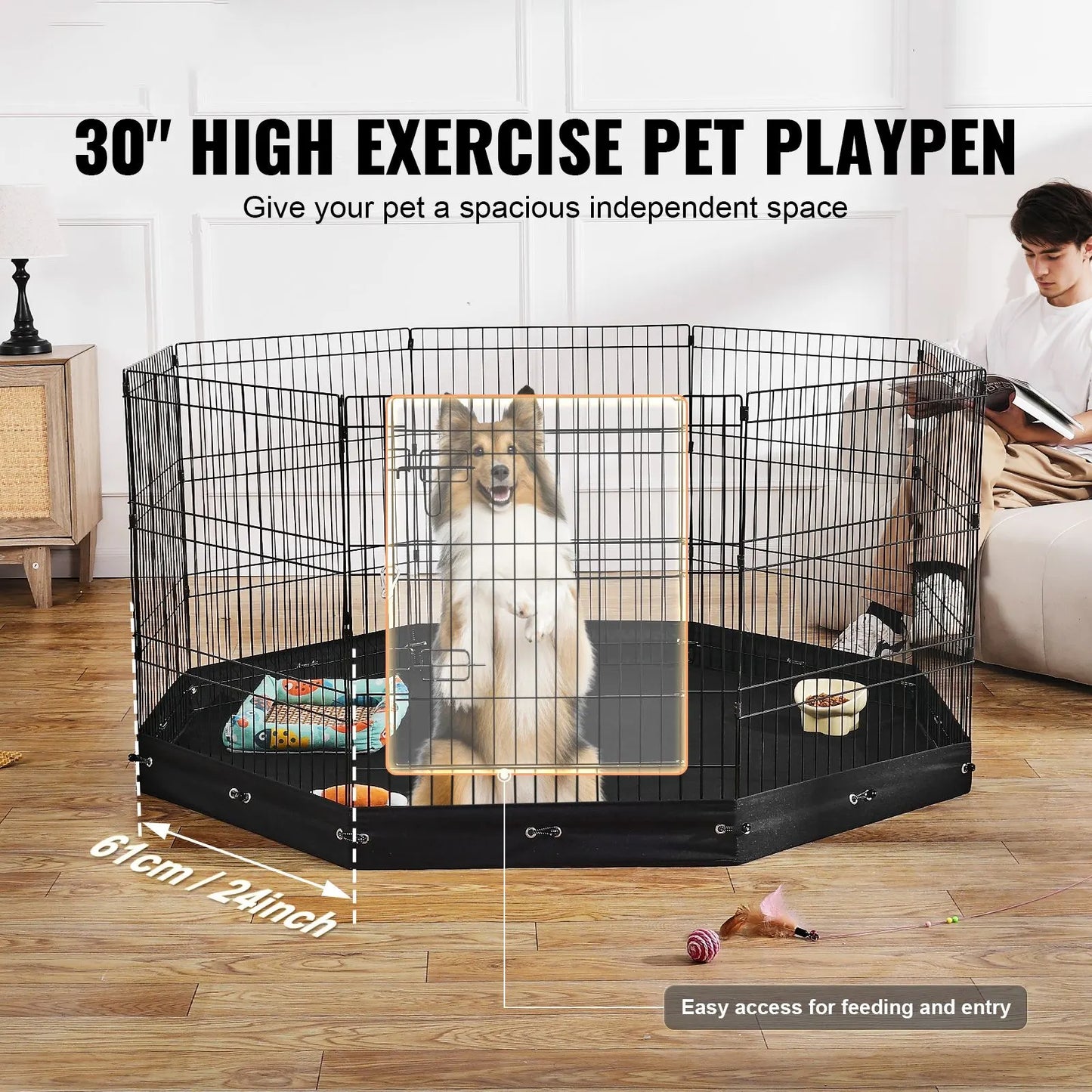 Dog Playpen, 8 Pcs 30"H x 24"W Panels Foldable Metal Pet Exercise Pen, Dog Fence Indoor and Outdoor Pen with Door, 600D Oxford Fabric Bottom Pad, Pet Playpen for Dogs, Cats, Other Small Animals - Image 2